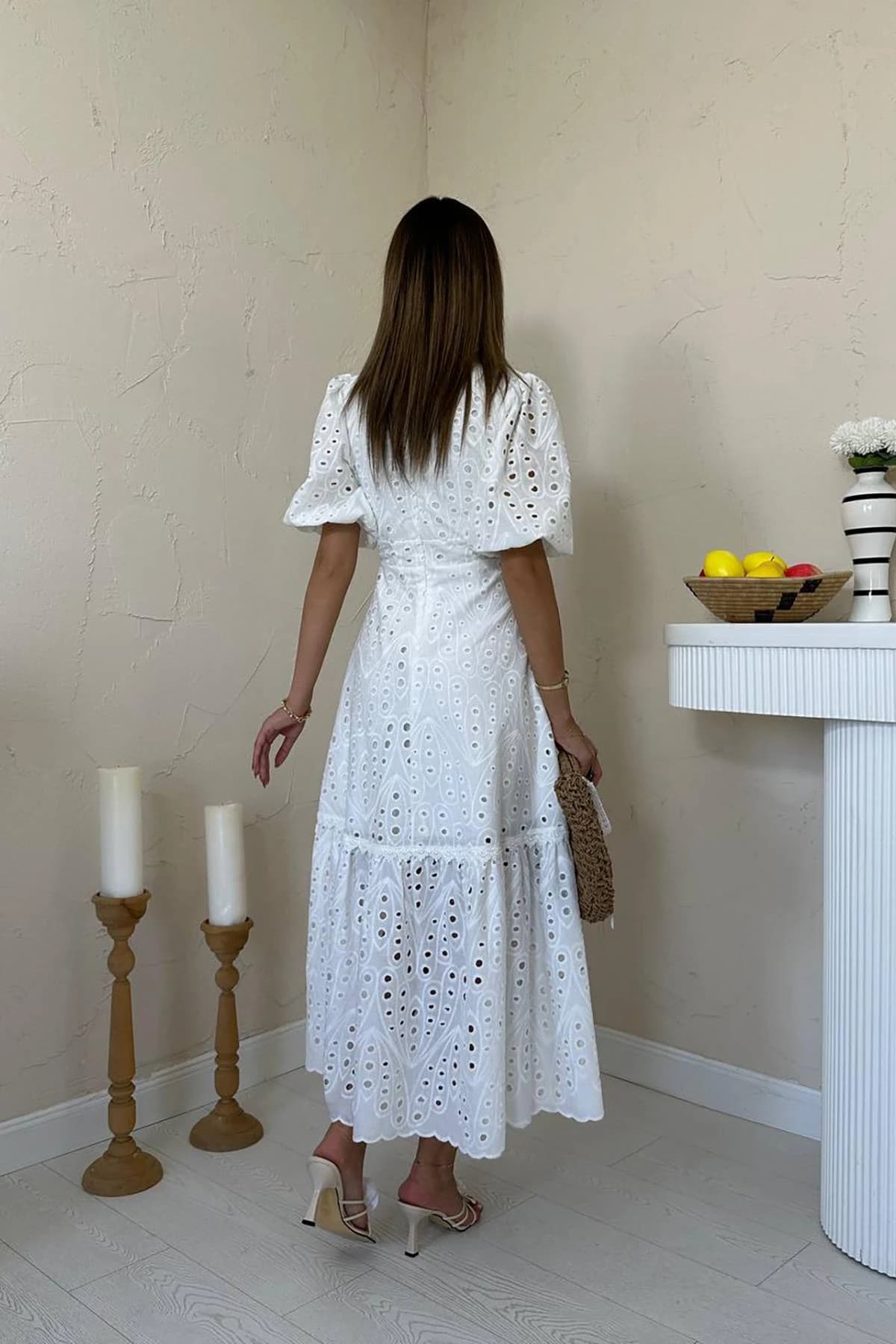 White Eyelet Midi Dress Boho V-Neck Short Sleeve Cotton Summer Dress Women Custom Embroidered Bohemian Dress detailed view 5