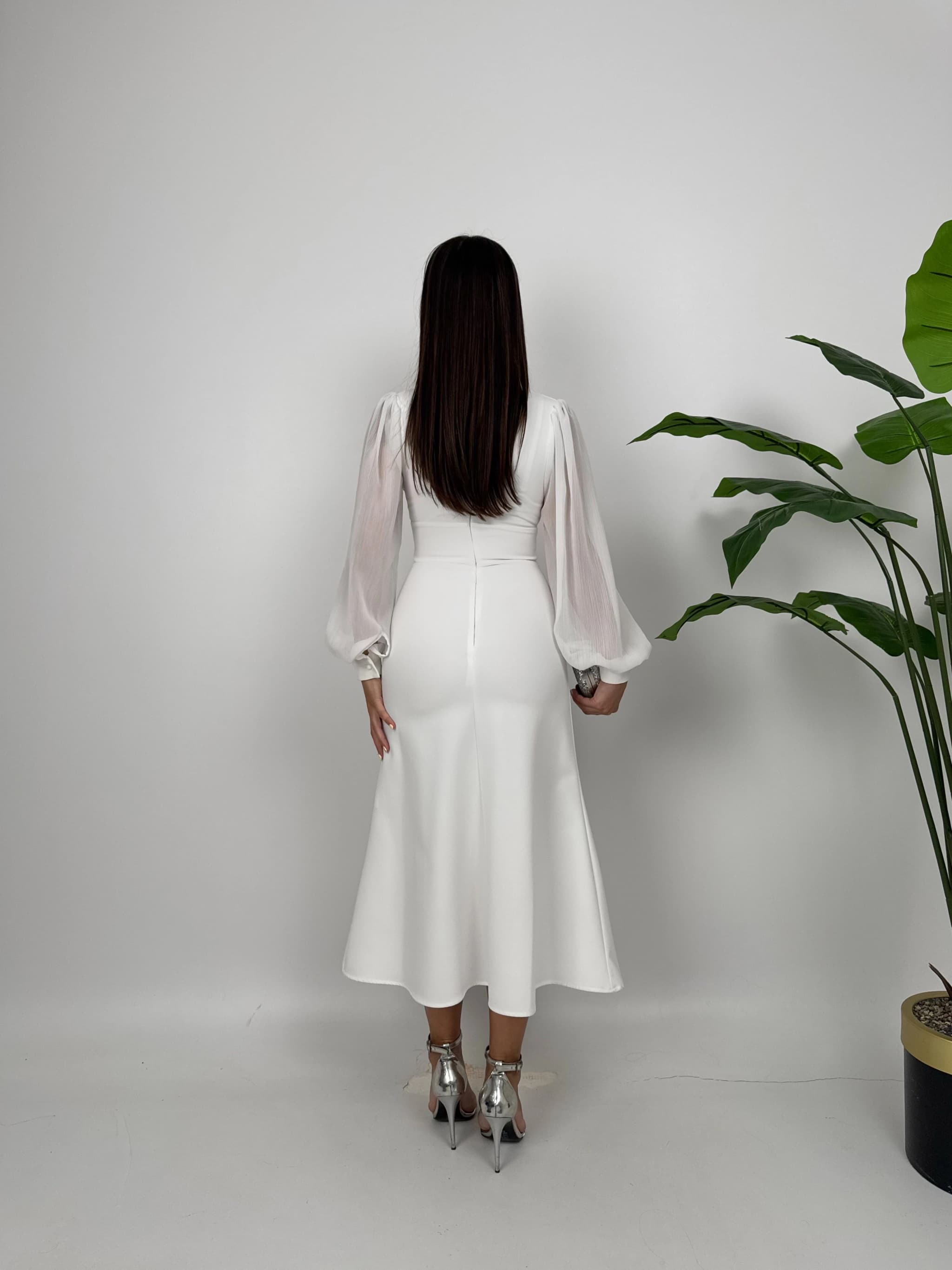 White Midi Dress Puffy Sleeves Wedding Guest Chiffon Elegant Formal Occasion Dress Sheer Long Sleeve Party Outfit detailed view 5