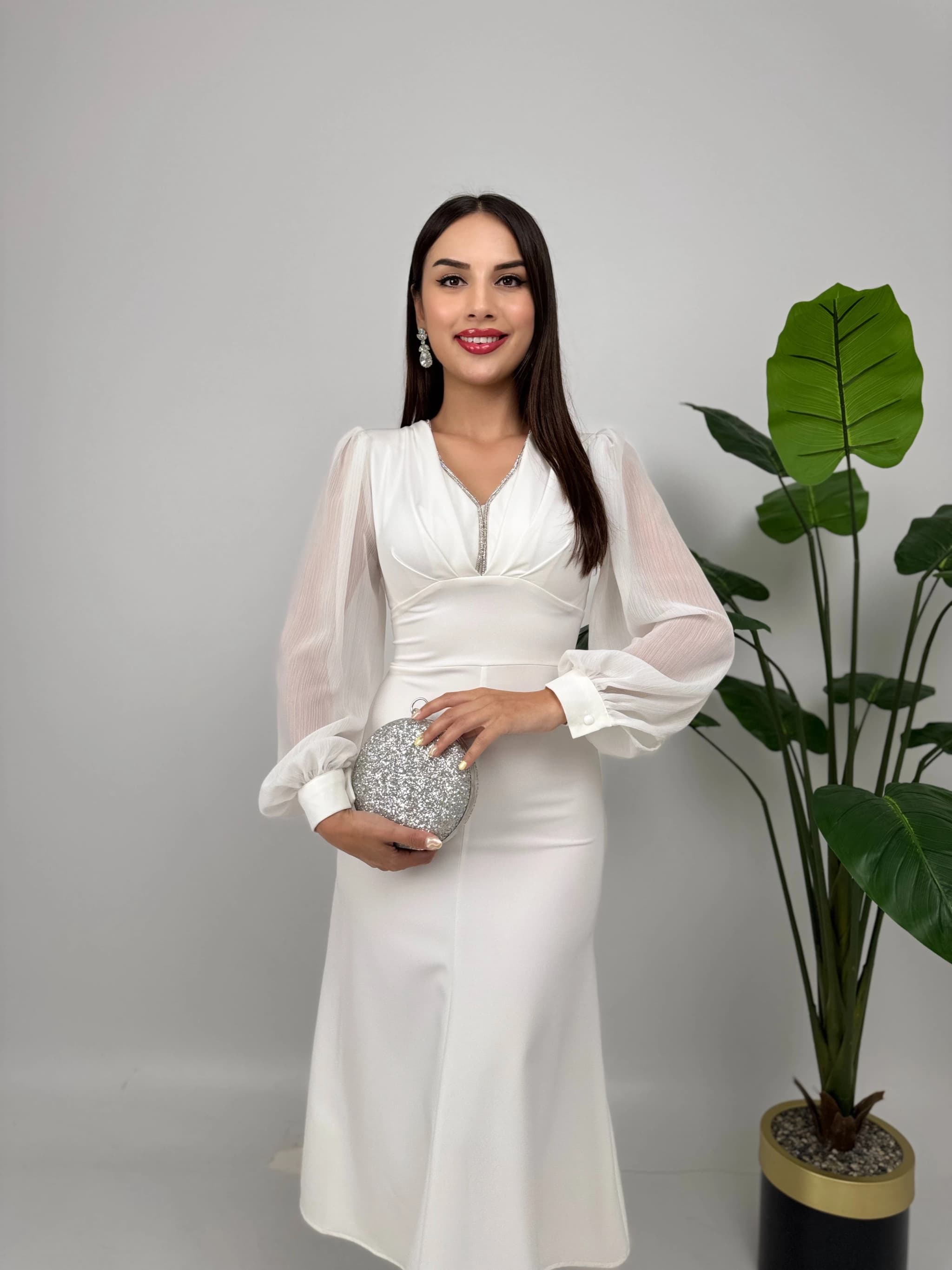 White Midi Dress Puffy Sleeves Wedding Guest Chiffon Elegant Formal Occasion Dress Sheer Long Sleeve Party Outfit detailed view 3