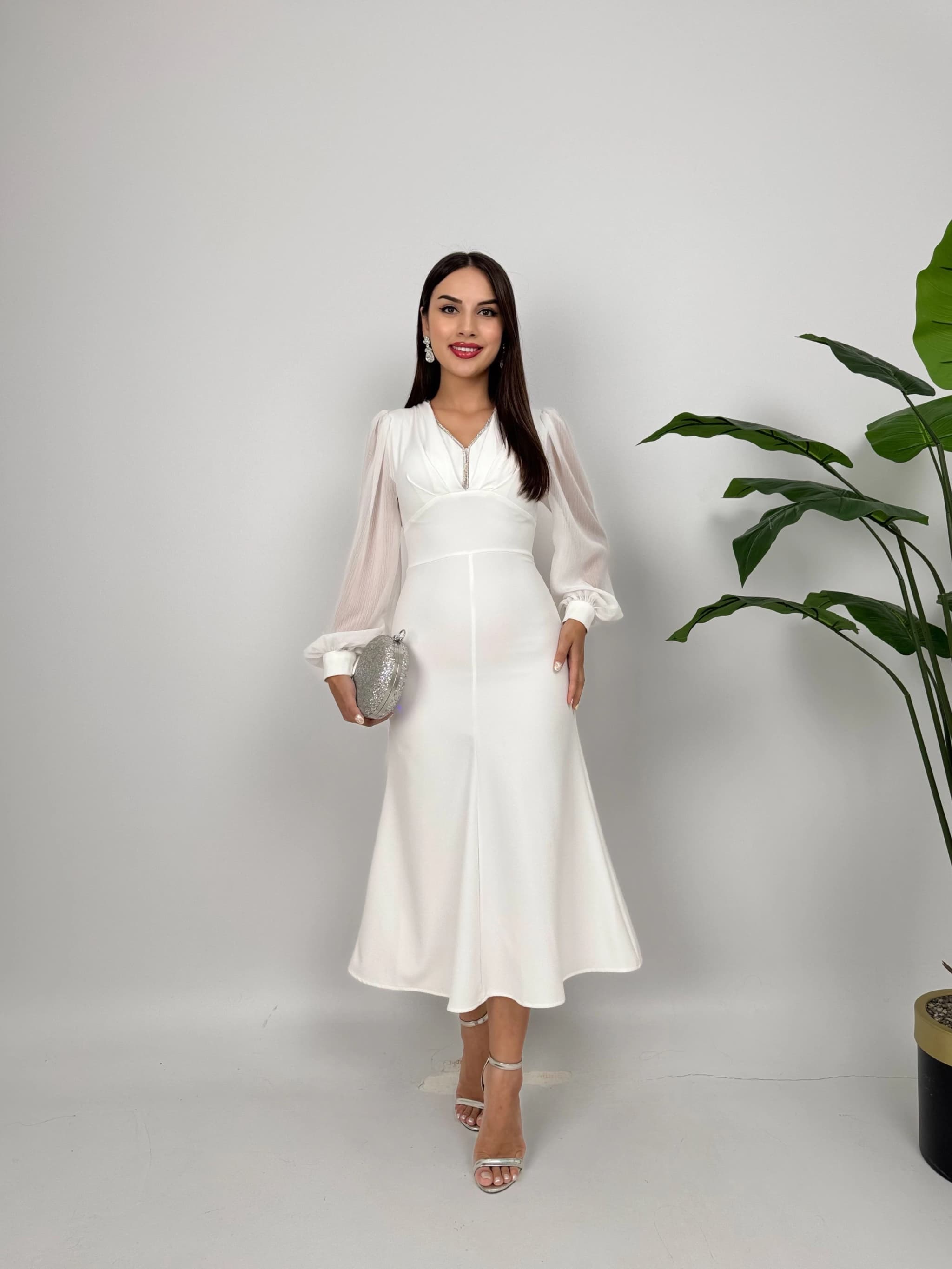 White Midi Dress Puffy Sleeves Wedding Guest Chiffon Elegant Formal Occasion Dress Sheer Long Sleeve Party Outfit detailed view 2