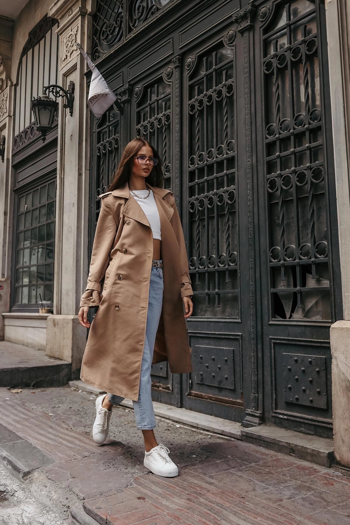 Women's Beige Trench Coat Double Breasted Belted Classic Long Outerwear - görsel 2