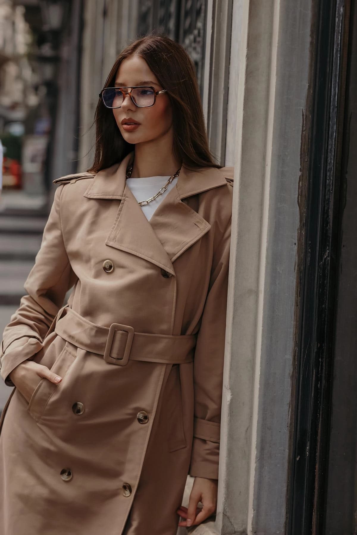 Women's Beige Trench Coat Double Breasted Belted Classic Long Outerwear - görsel 4