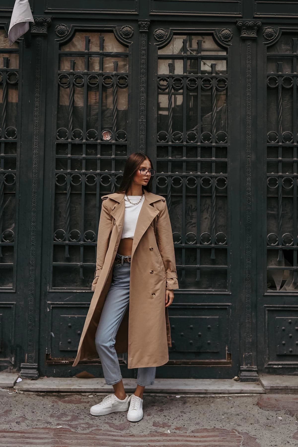 Women's Beige Trench Coat Double Breasted Belted Classic Long Outerwear - görsel 5