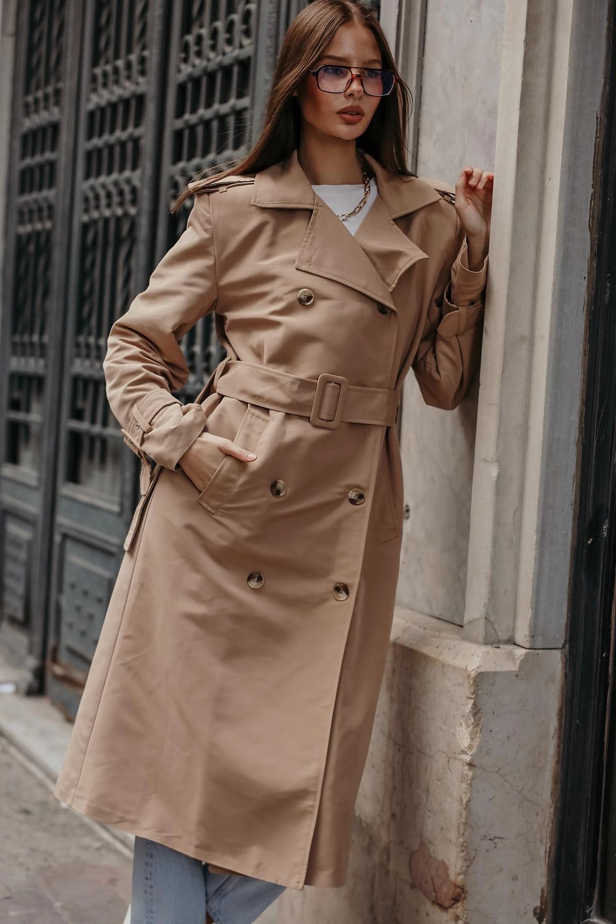 Women's Beige Trench Coat Double Breasted Belted Classic Long Outerwear - ana görsel
