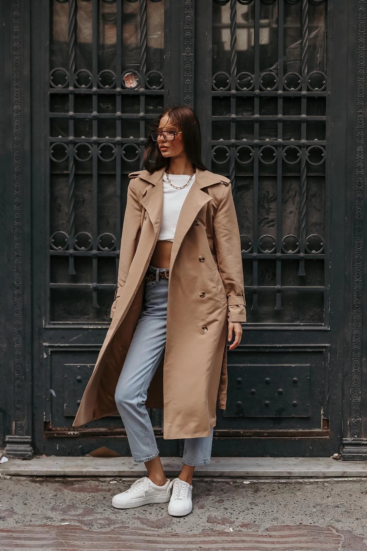 Women's Beige Trench Coat Double Breasted Belted Classic Long Outerwear - görsel 6