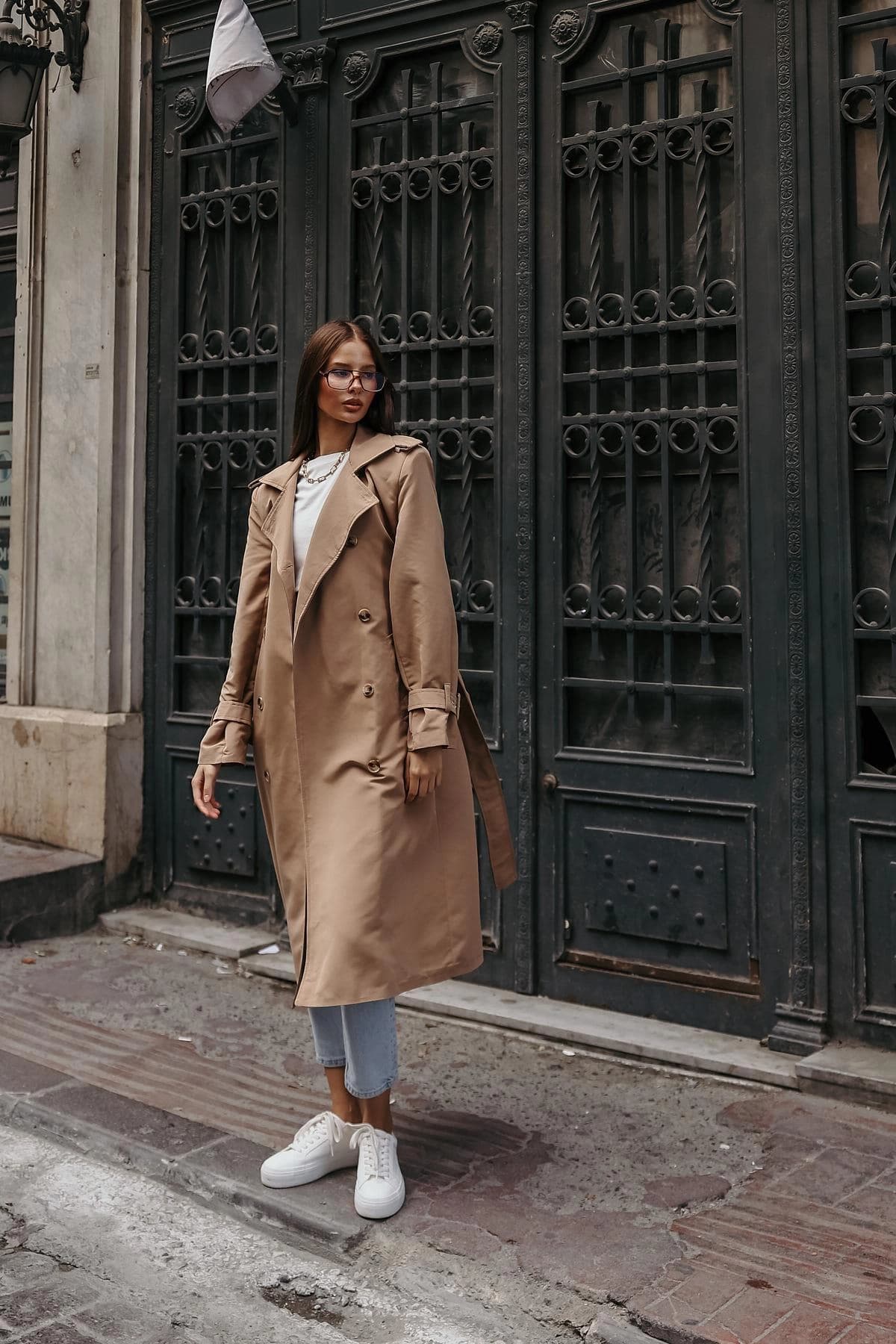 Women's Beige Trench Coat Double Breasted Belted Classic Long Outerwear - görsel 7