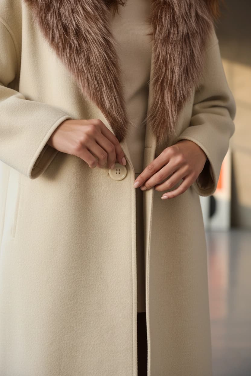 Wool Coat with Faux Fur Collar, Minimalist Long Overcoat detailed view 3