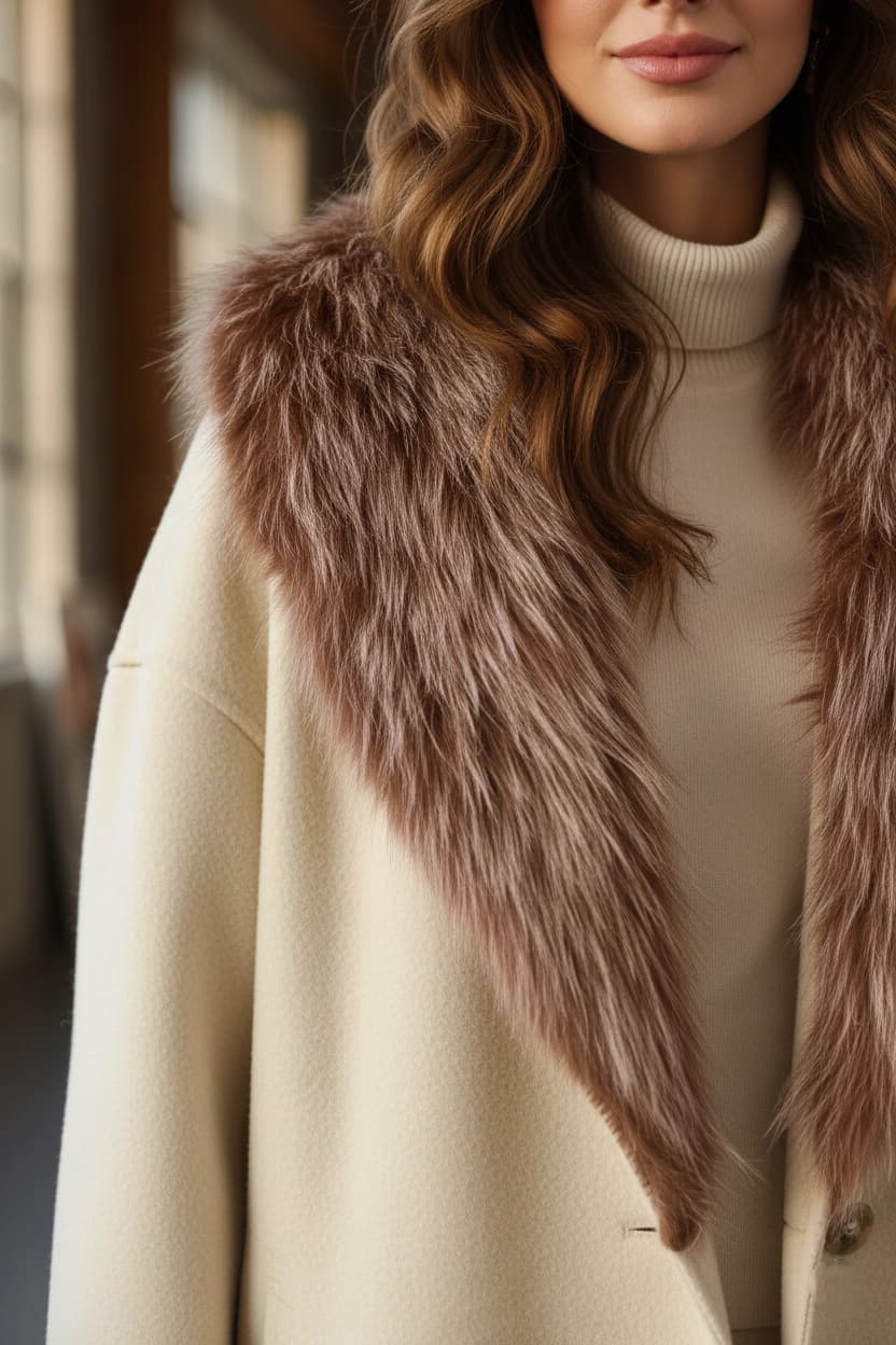 Wool Coat with Faux Fur Collar, Minimalist Long Overcoat detailed view 4