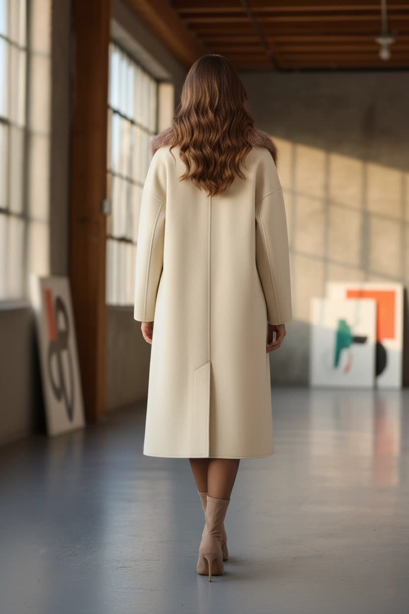 Wool Coat with Faux Fur Collar, Minimalist Long Overcoat detailed view 5