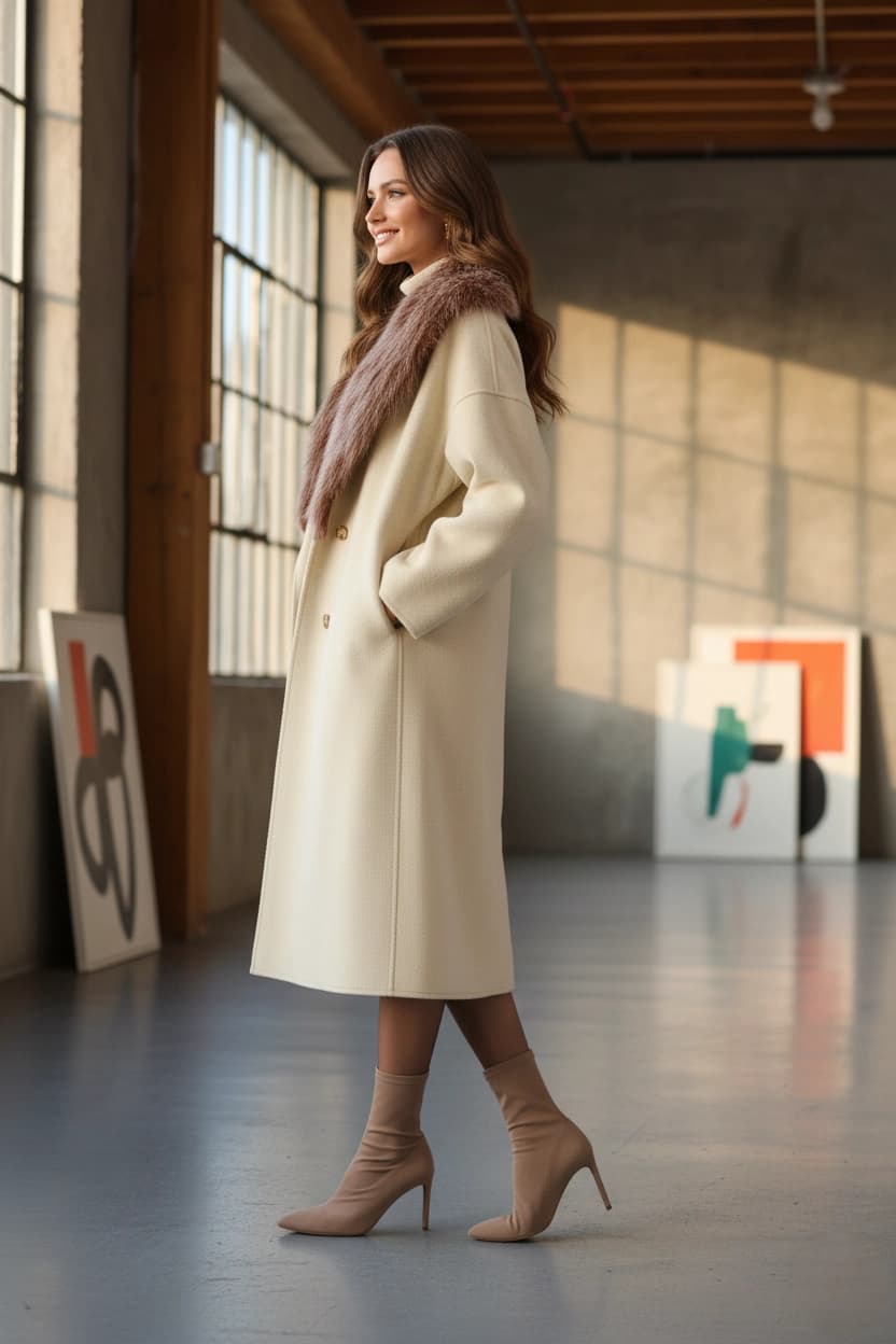 Wool Coat with Faux Fur Collar, Minimalist Long Overcoat detailed view 2