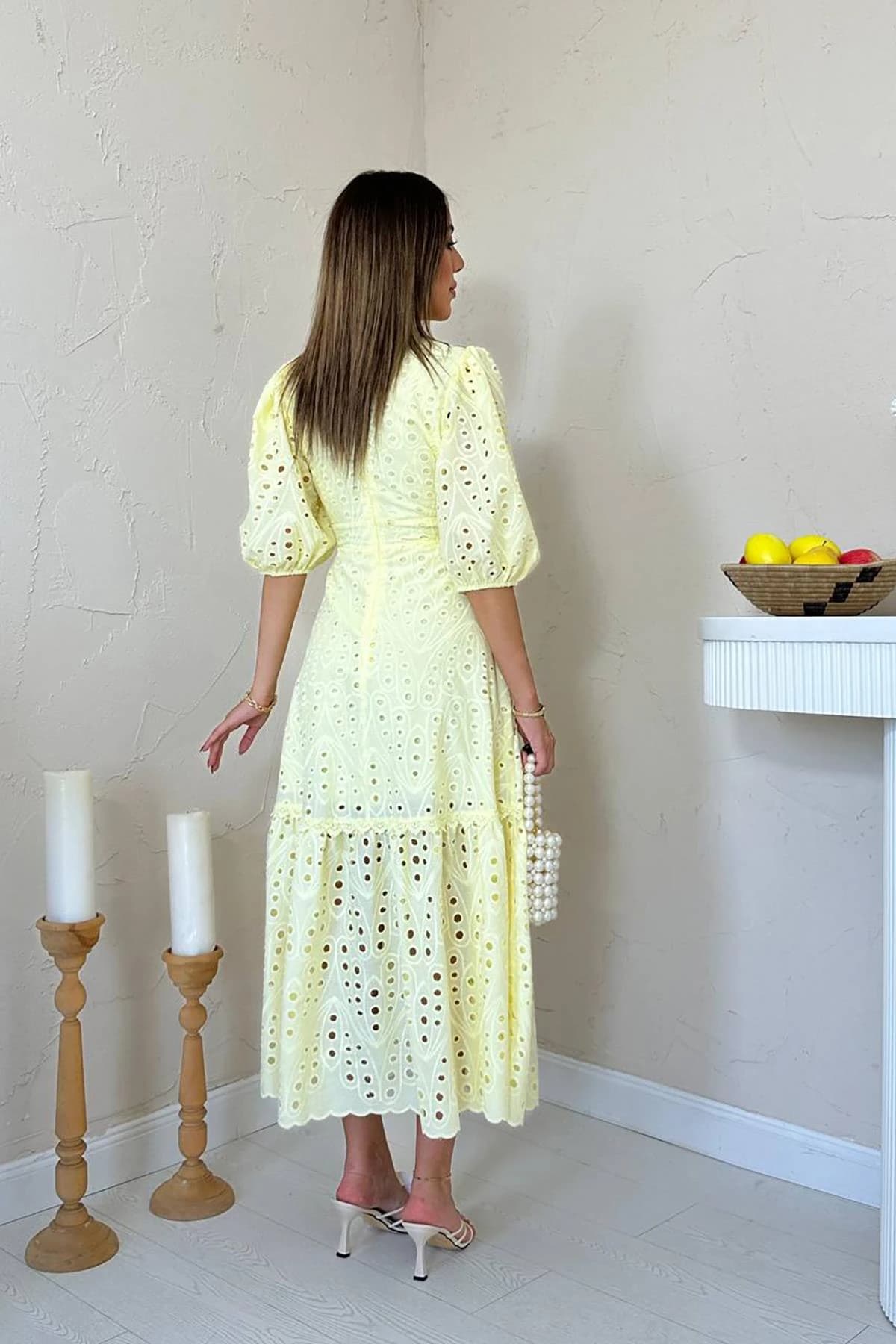 Yellow Eyelet Maxi Dress Women Puff Sleeve V Neck Boho Cotton Summer Dress Tiered Ruffle Cottagecore detailed view 5