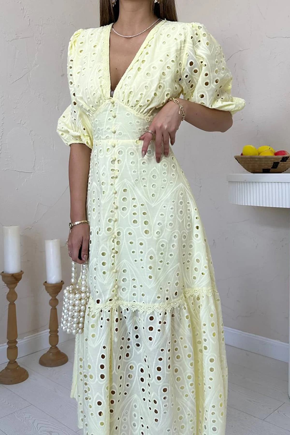 Yellow Eyelet Maxi Dress Women Puff Sleeve V Neck Boho Cotton Summer Dress Tiered Ruffle Cottagecore