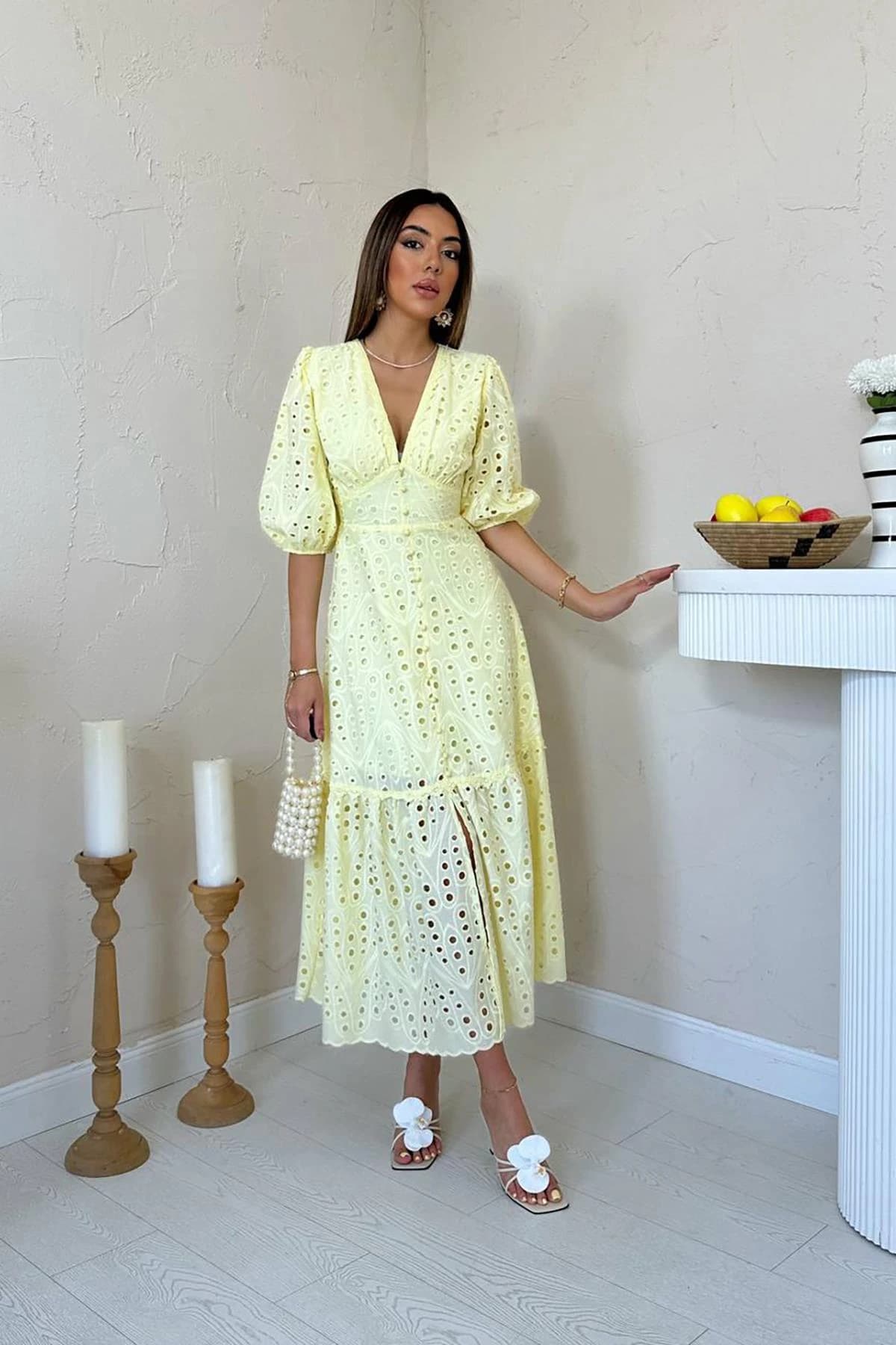 Yellow Eyelet Maxi Dress Women Puff Sleeve V Neck Boho Cotton Summer Dress Tiered Ruffle Cottagecore detailed view 3
