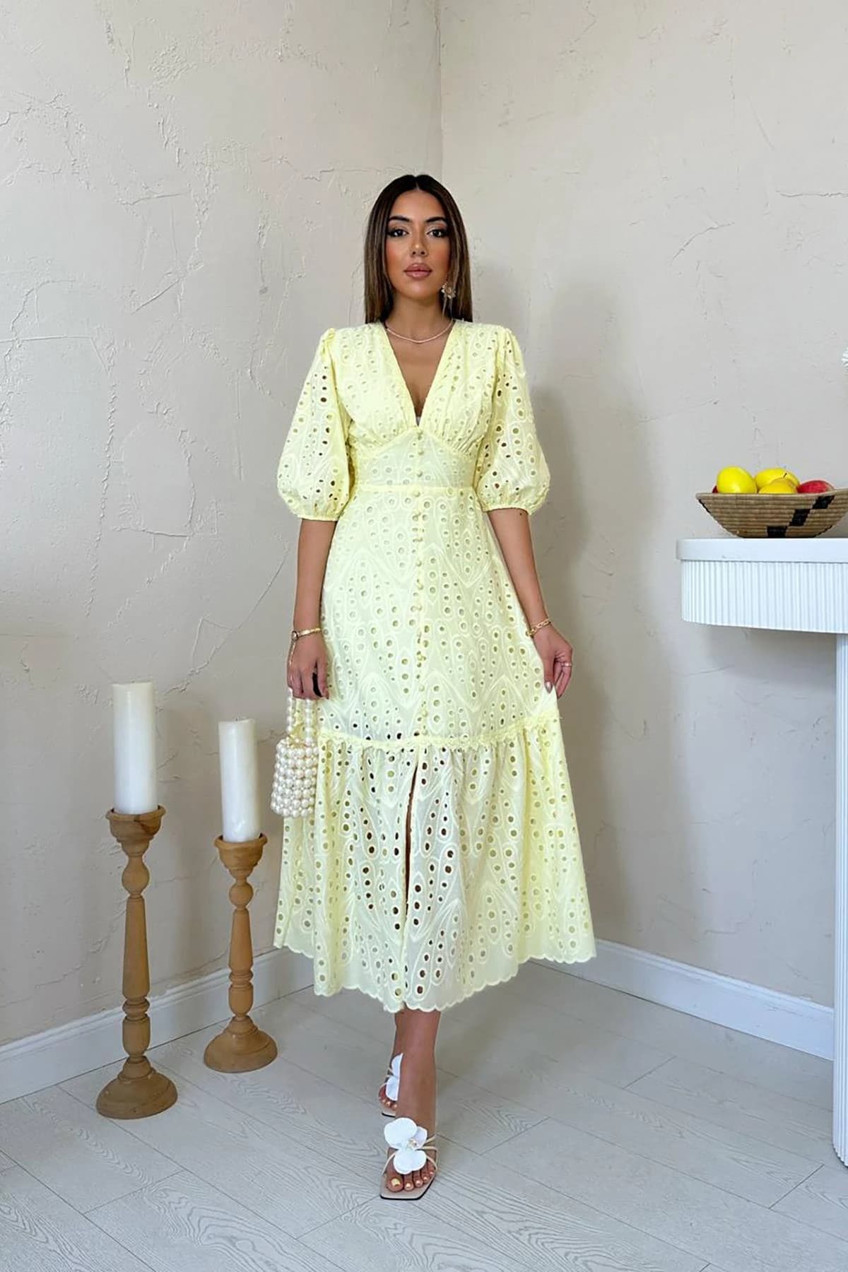 Yellow Eyelet Maxi Dress Women Puff Sleeve V Neck Boho Cotton Summer Dress Tiered Ruffle Cottagecore detailed view 4