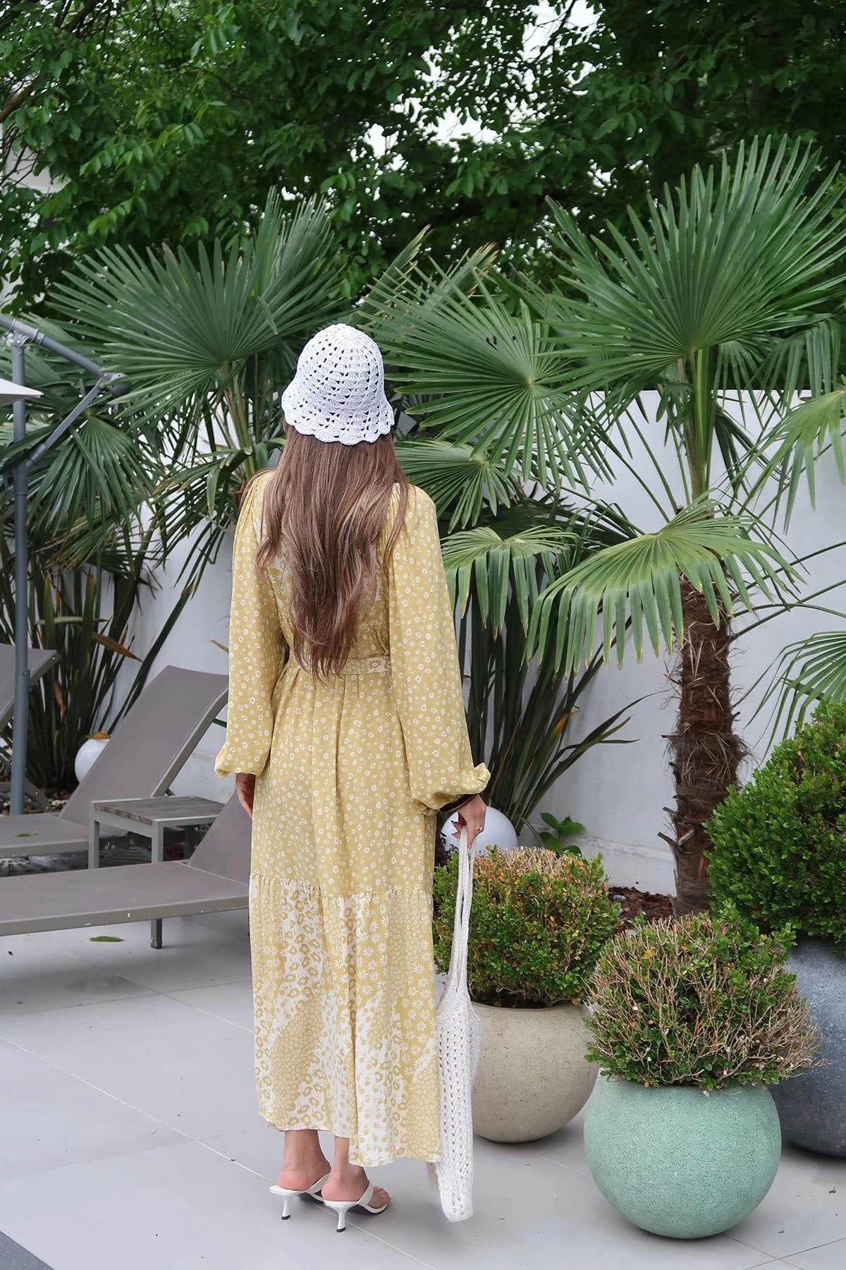 Yellow Floral Boho Maxi Dress Long Sleeve Tiered Cottagecore Dress Wedding Guest Summer Vacation Gown detailed view 7