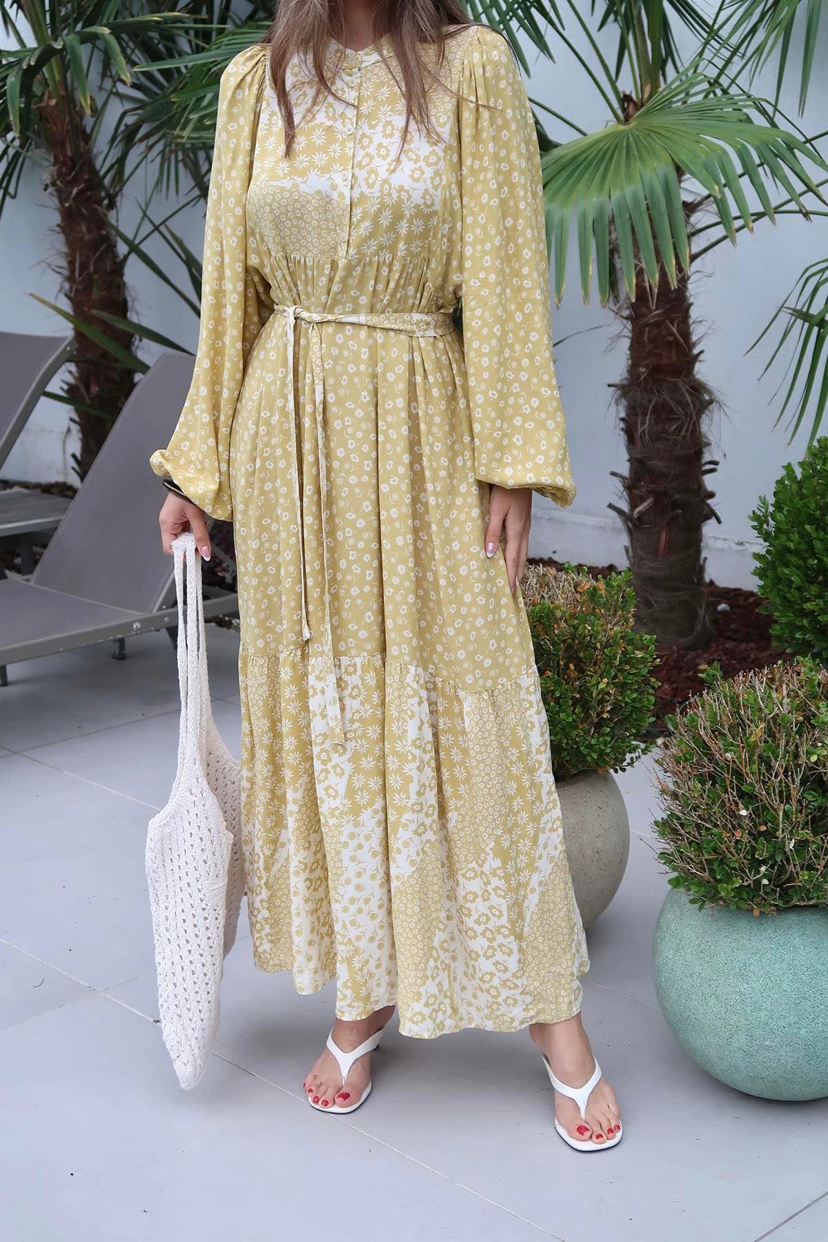 Yellow Floral Boho Maxi Dress Long Sleeve Tiered Cottagecore Dress Wedding Guest Summer Vacation Gown detailed view 2