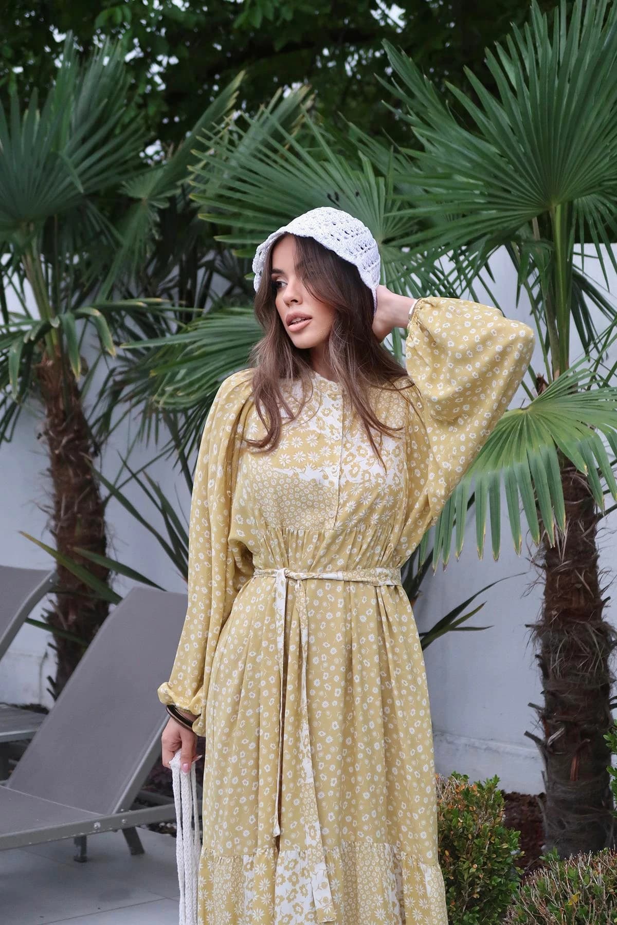 Yellow Floral Boho Maxi Dress Long Sleeve Tiered Cottagecore Dress Wedding Guest Summer Vacation Gown detailed view 3