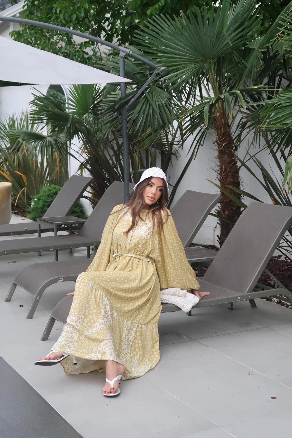 Yellow Floral Boho Maxi Dress Long Sleeve Tiered Cottagecore Dress Wedding Guest Summer Vacation Gown detailed view 6