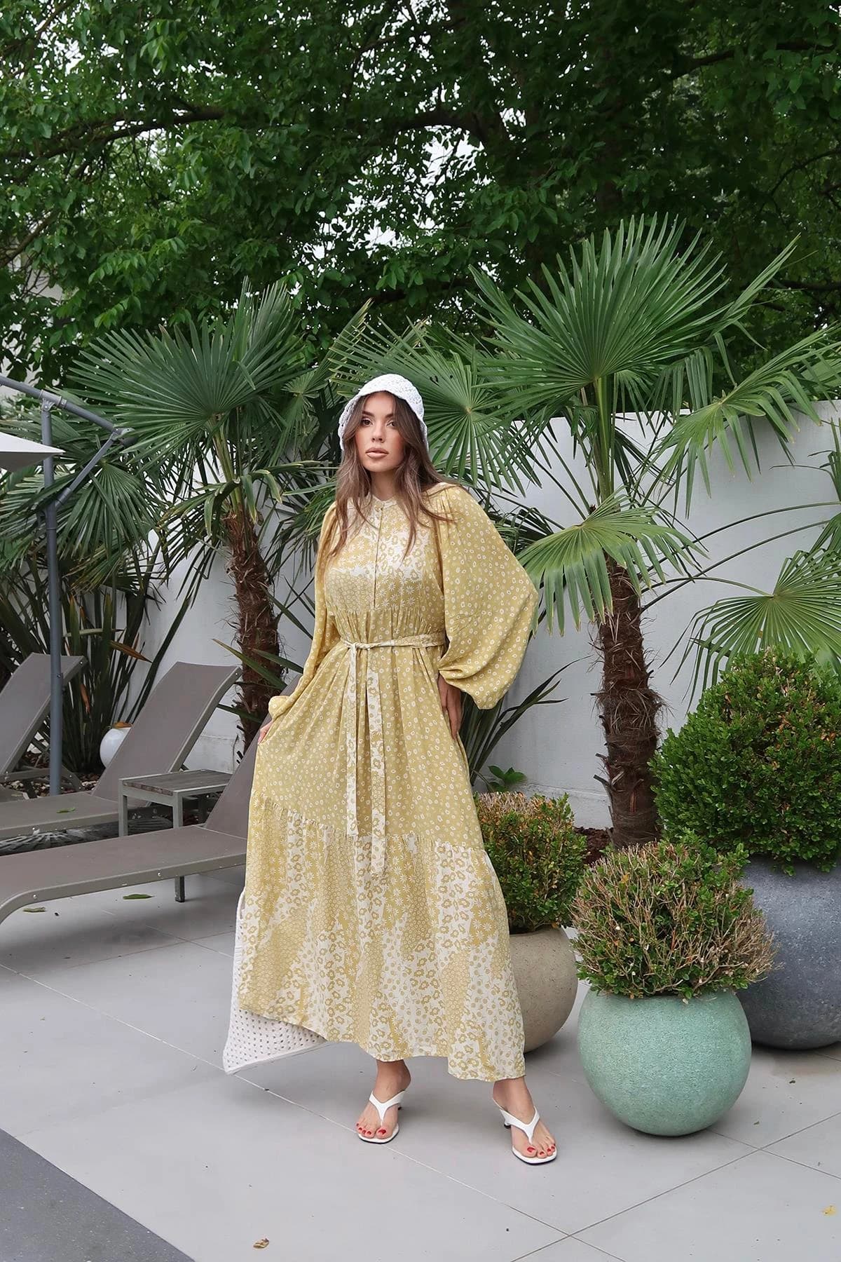 Yellow Floral Boho Maxi Dress Long Sleeve Tiered Cottagecore Dress Wedding Guest Summer Vacation Gown