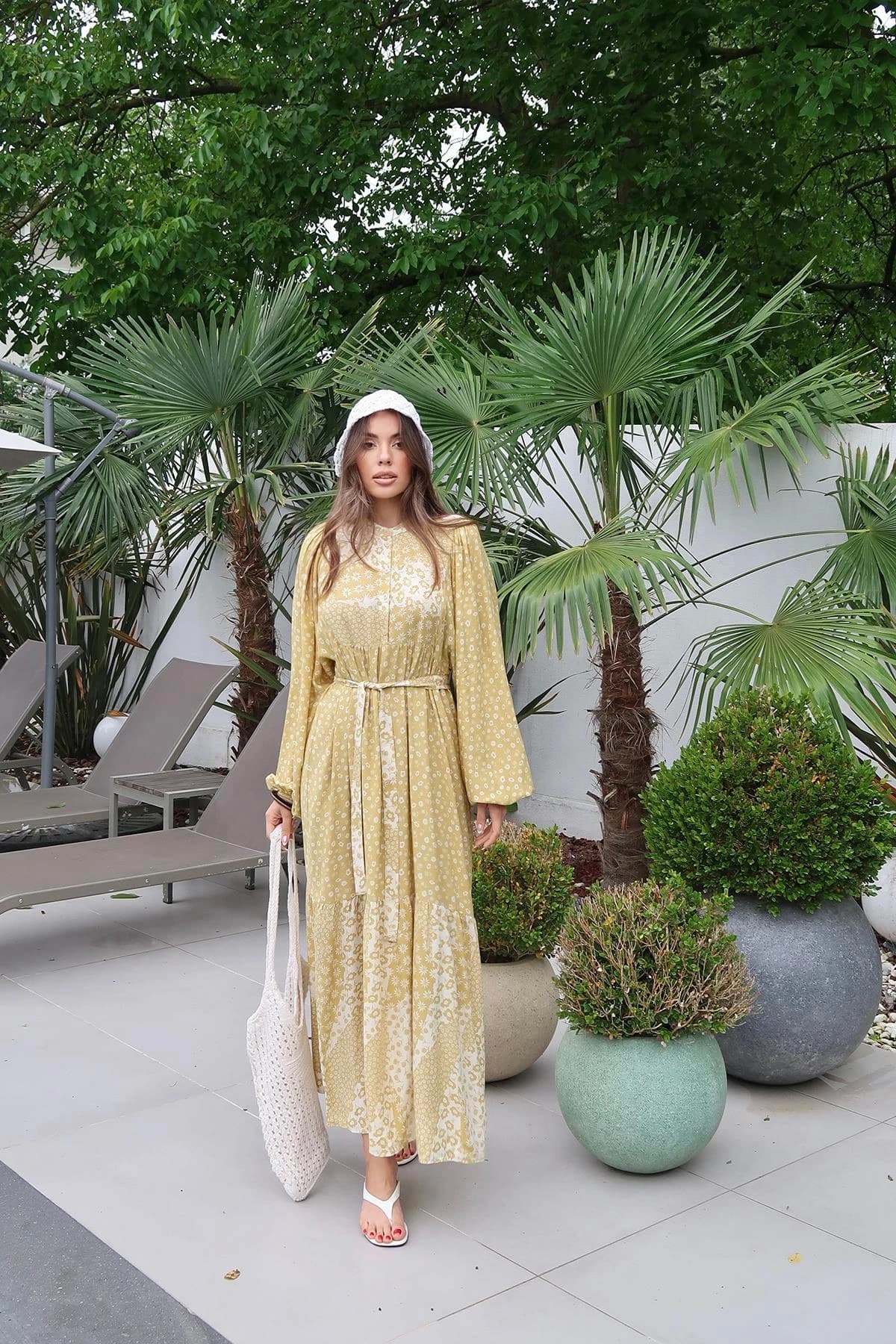 Yellow Floral Boho Maxi Dress Long Sleeve Tiered Cottagecore Dress Wedding Guest Summer Vacation Gown detailed view 5