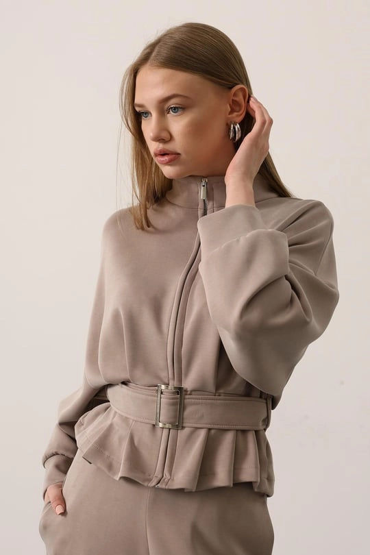 Beige Belted Peplum Jacket | High Neck Long Sleeve Zip-Up Sweatshirt