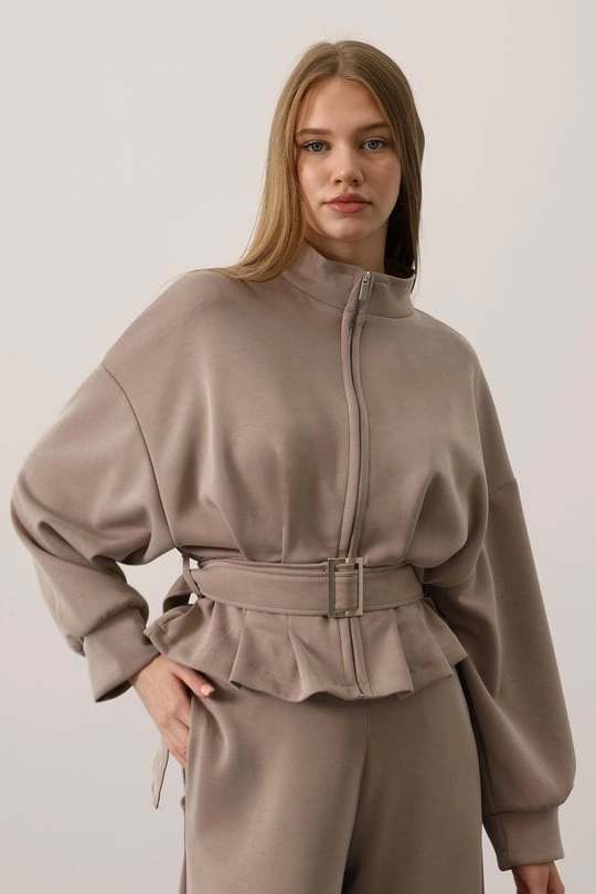 Beige Belted Peplum Jacket | High Neck Long Sleeve Zip-Up Sweatshirt