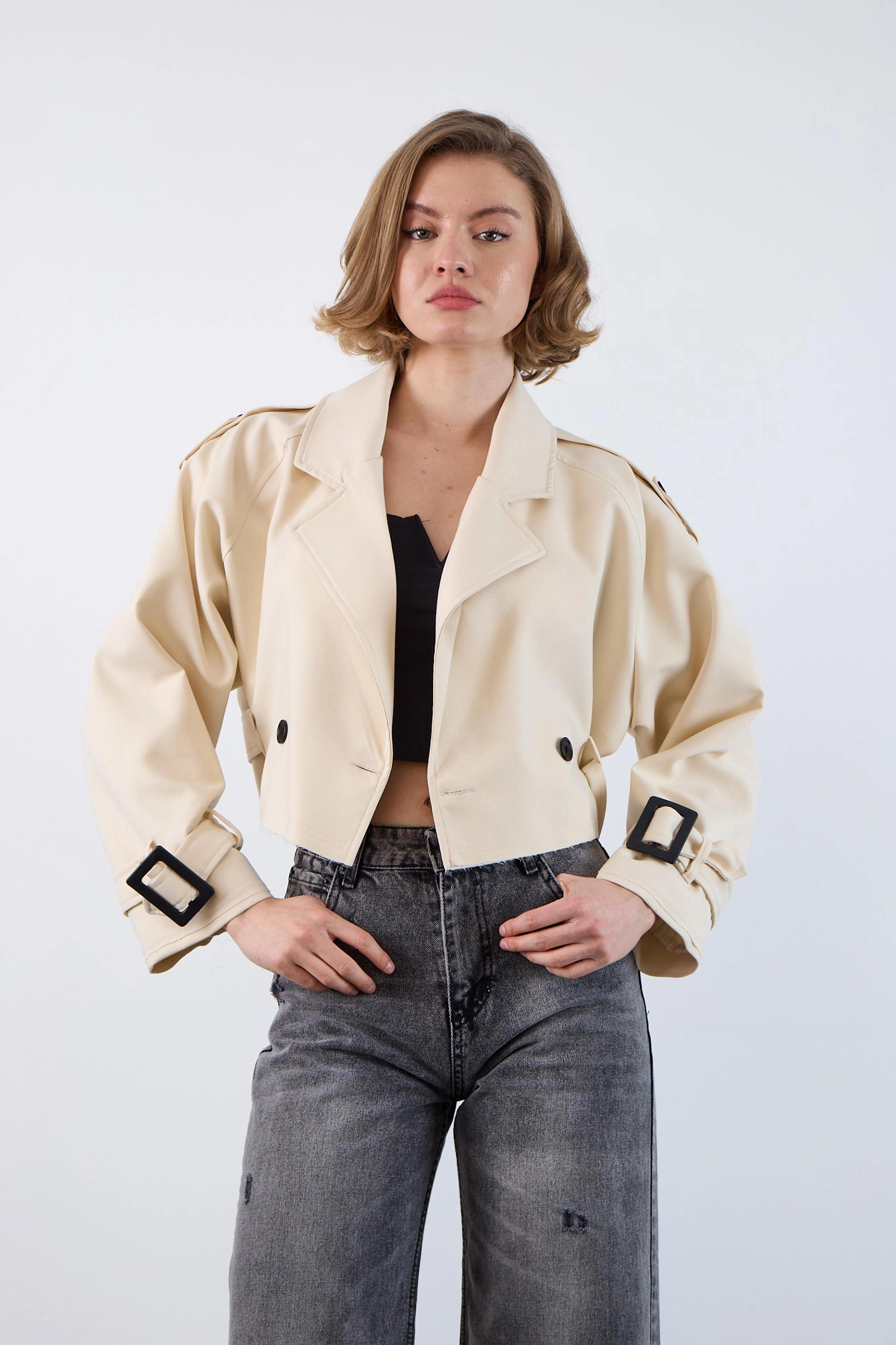 Beige Cropped Trench Coat Women's Short Boxy Trench Jacket Double-Breasted Buckle Cuff