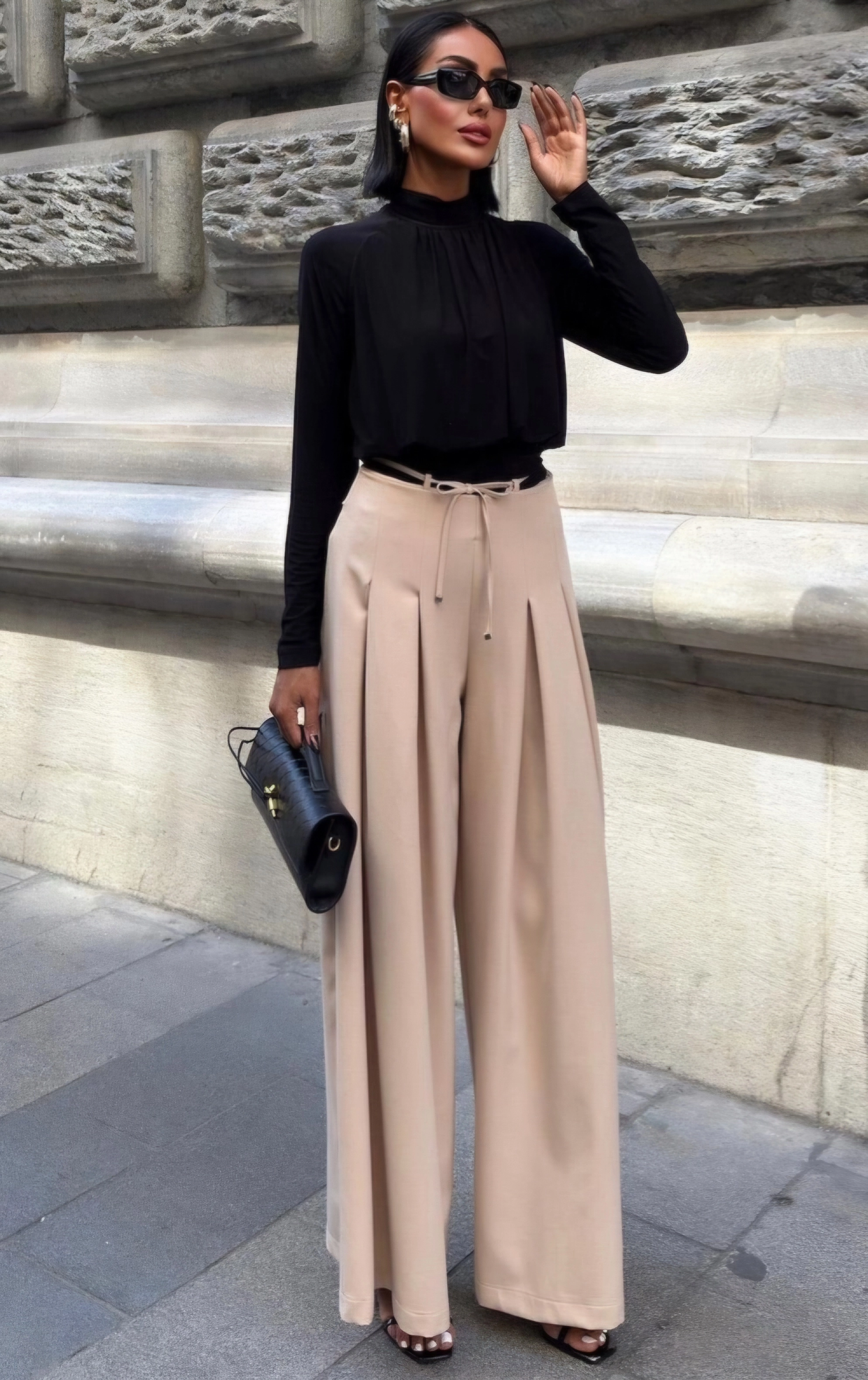 Beige High Waisted Wide Leg Pleated Trousers, Elegant Tailored Palazzo Pants