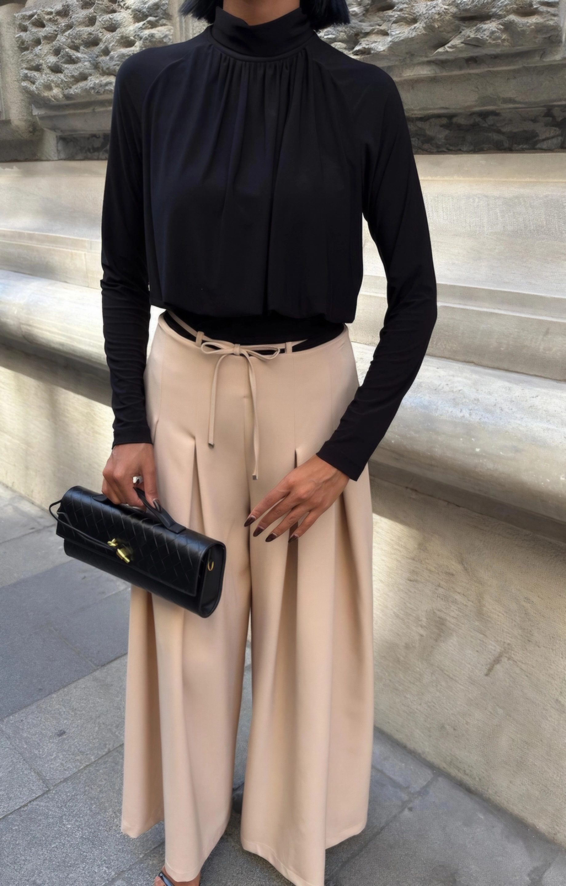 Beige High Waisted Wide Leg Pleated Trousers, Elegant Tailored Palazzo Pants