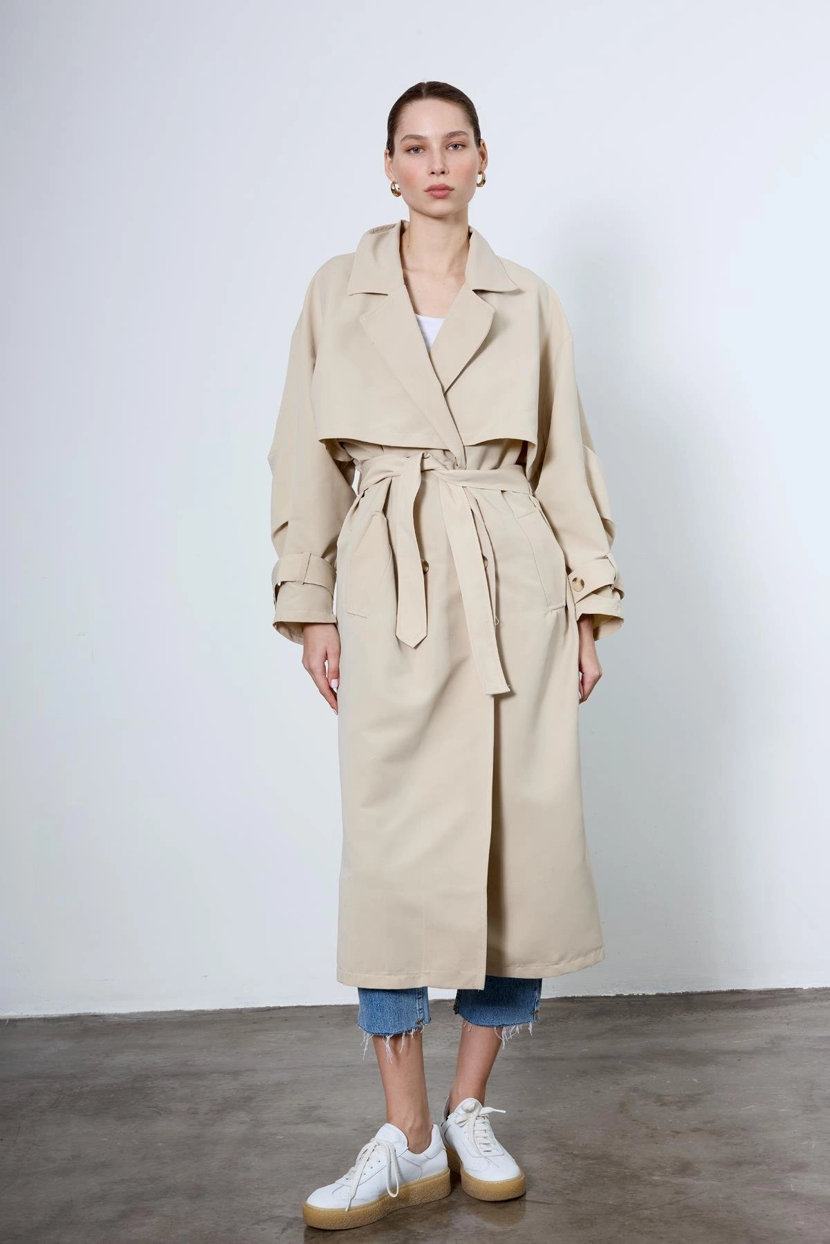 Beige Long Trench Coat Women Belted Oversized Classic Minimalist Spring Fall Fashion Outerwear
