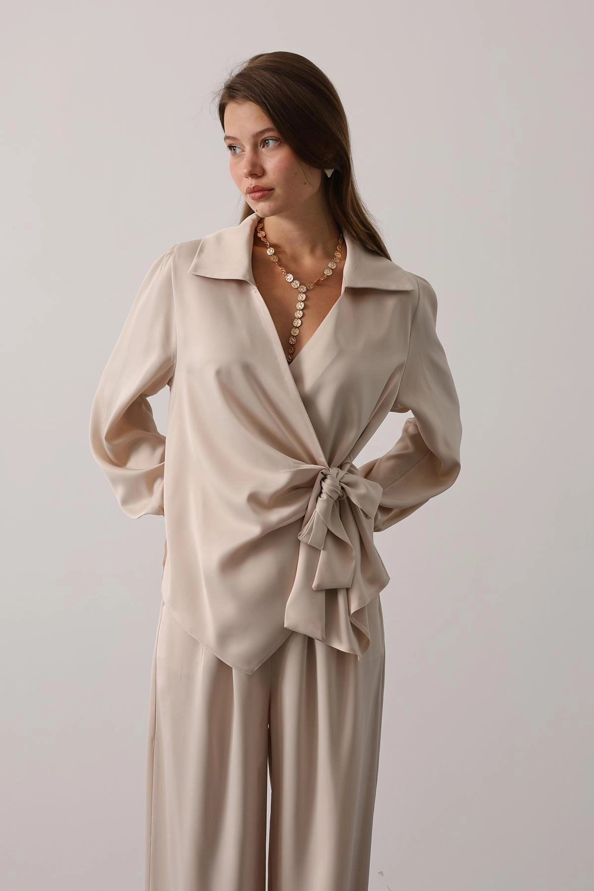 Beige Wrap Blouse & Wide Leg Palazzo Pants Set - Balloon Sleeves Two Piece Outfit - Elegant Women's Matching Set - Office to Evening