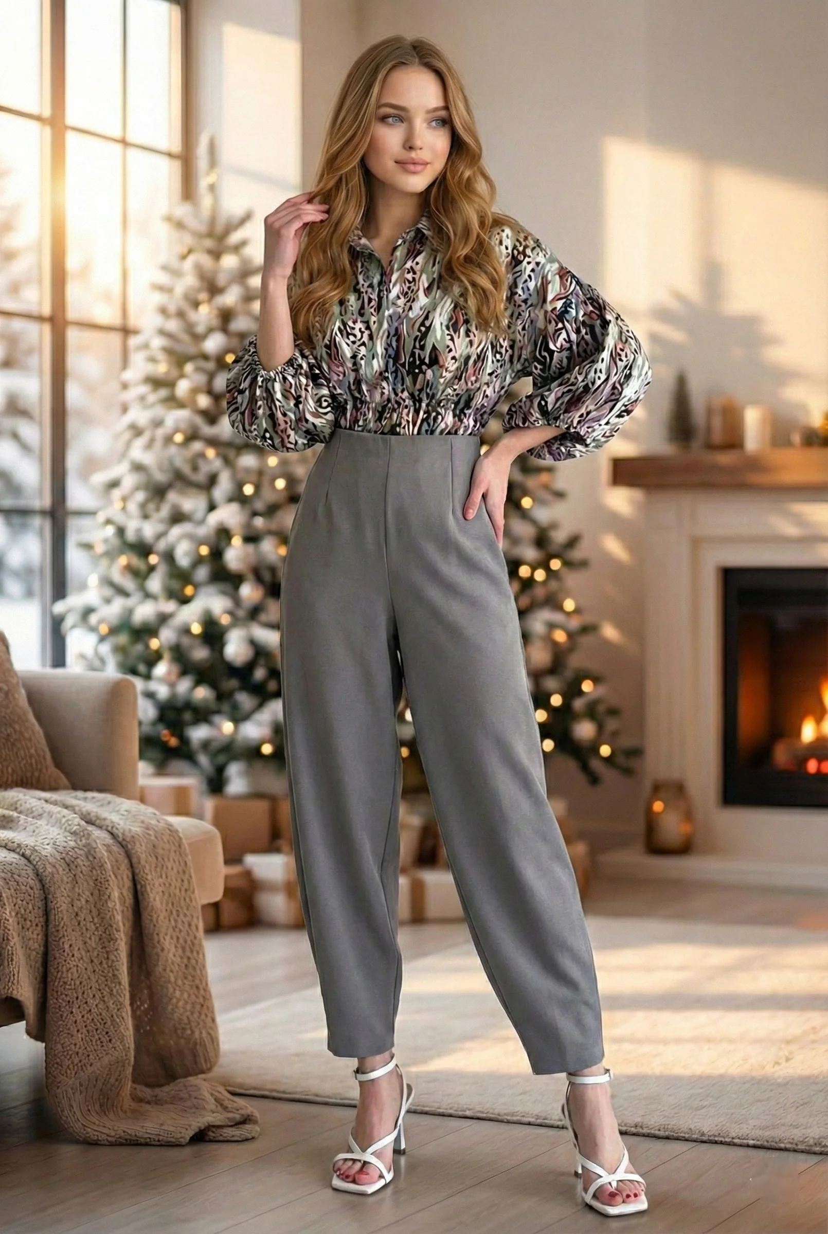 Bishop Sleeve Blouse, Colorful Abstract Brushstroke Print Button Down