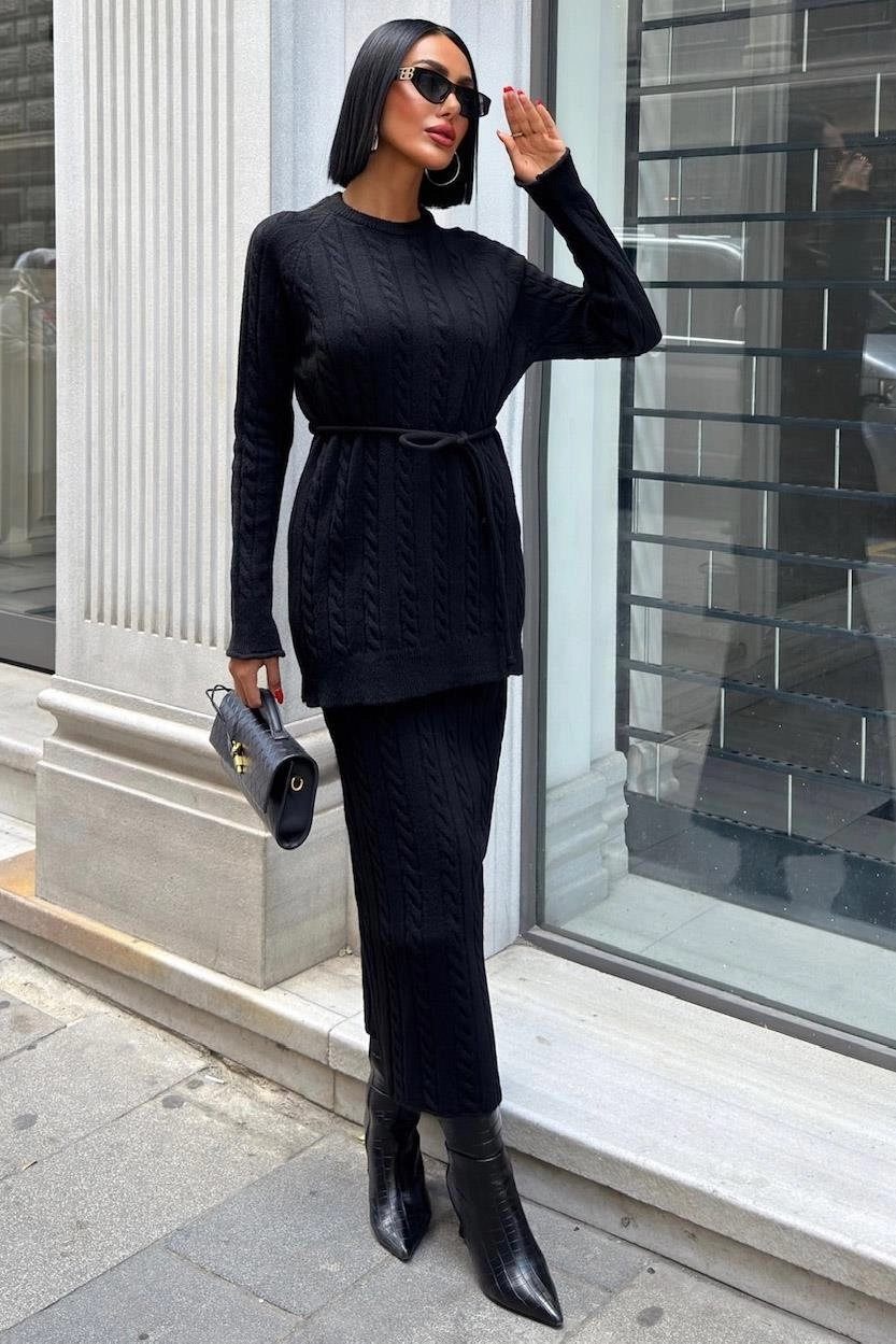 Black Cable Knit Two Piece Set Women Matching Sweater Pants Outfit Cozy Lounge Set Winter Casual Knitted Suit