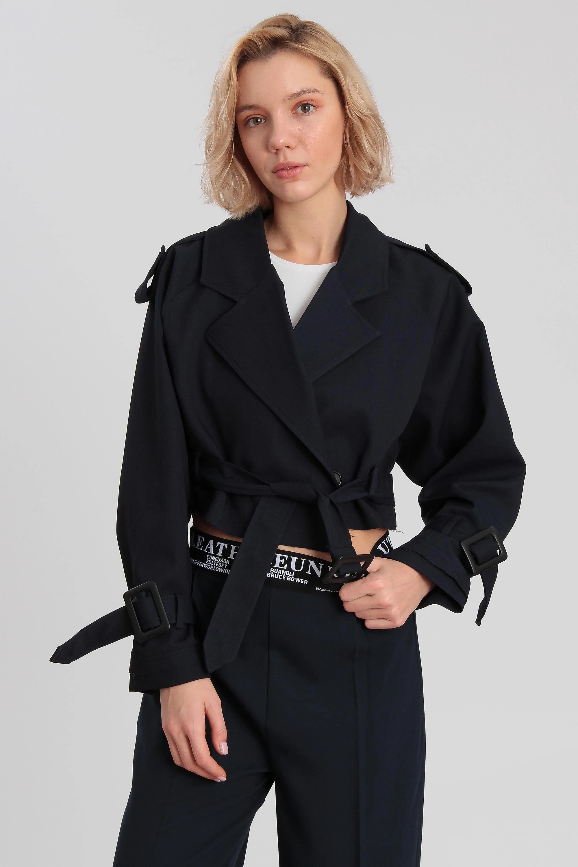 Black Cropped Trench Coat Womens Cropped Belted Jacket Short Trench Sleeve Buckles