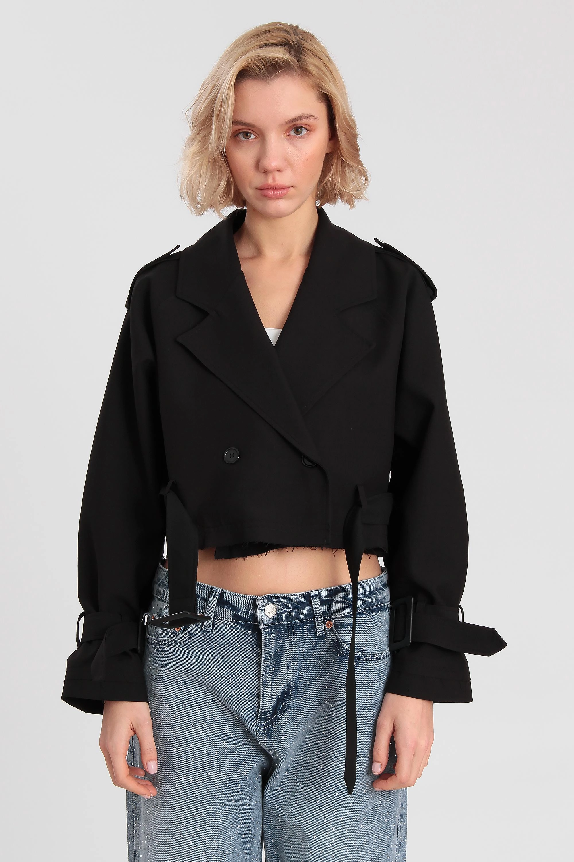 Black Cropped Trench Jacket Women Double Breasted Short Blazer Classic Coat Fall Winter Outerwear Vintage Style