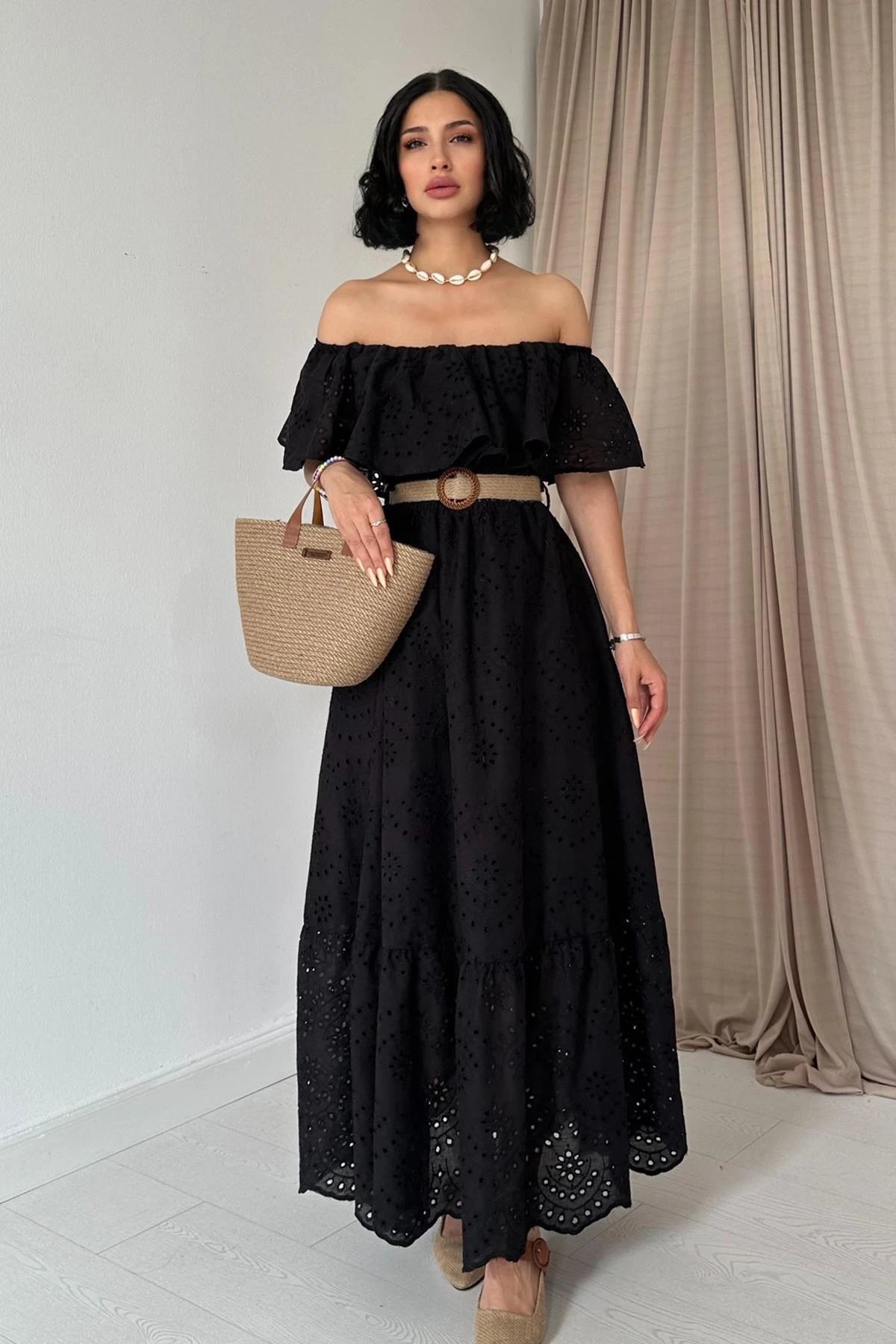 Black Eyelet Off Shoulder Dress Ruffle Straw Belt Women Boho Summer Maxi