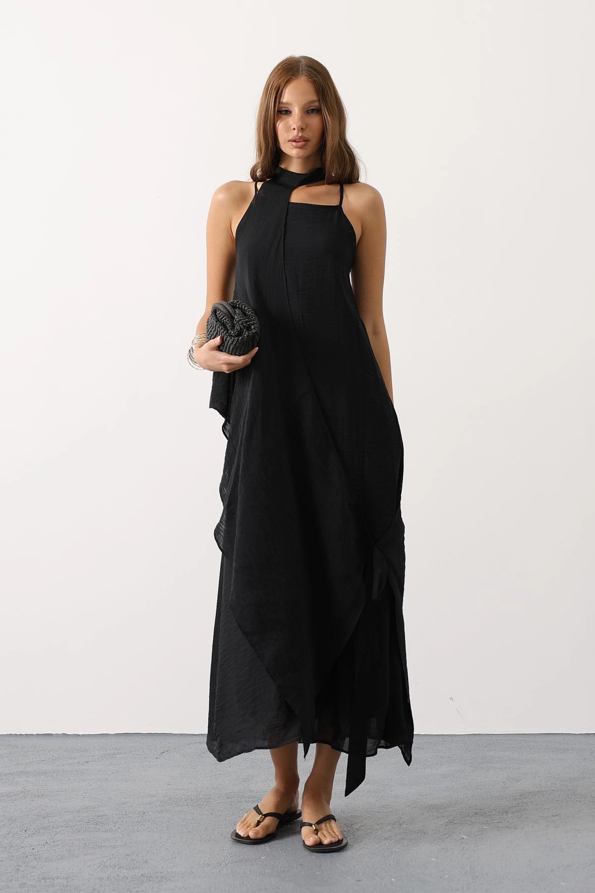 Black Halter Maxi Dress Women Asymmetrical Hem Backless Long Dress Evening Dress Formal Boho Summer Dress