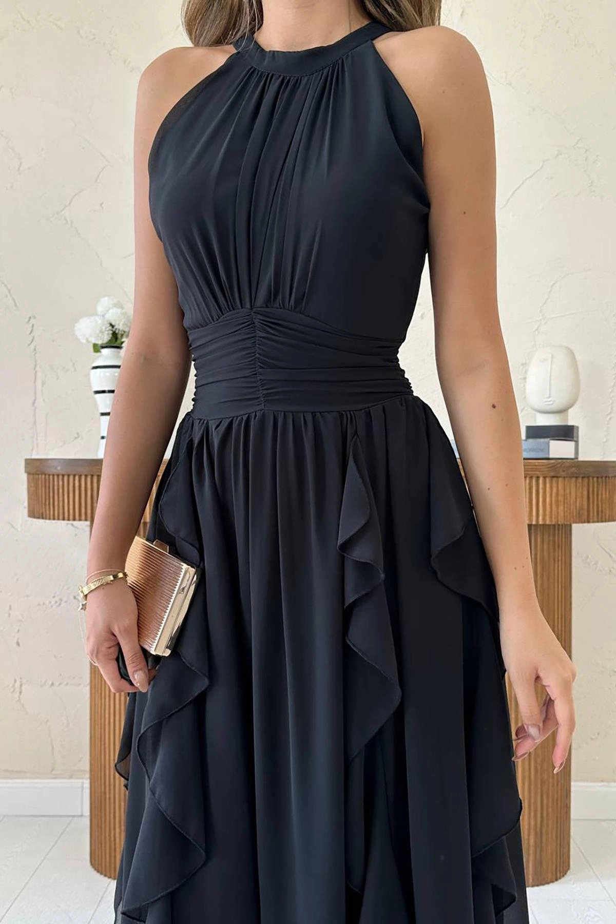 Black Halter Maxi Dress Women Ruffle Tiered Cocktail Dress Evening Gown Wedding Guest Dress Formal Party Wear