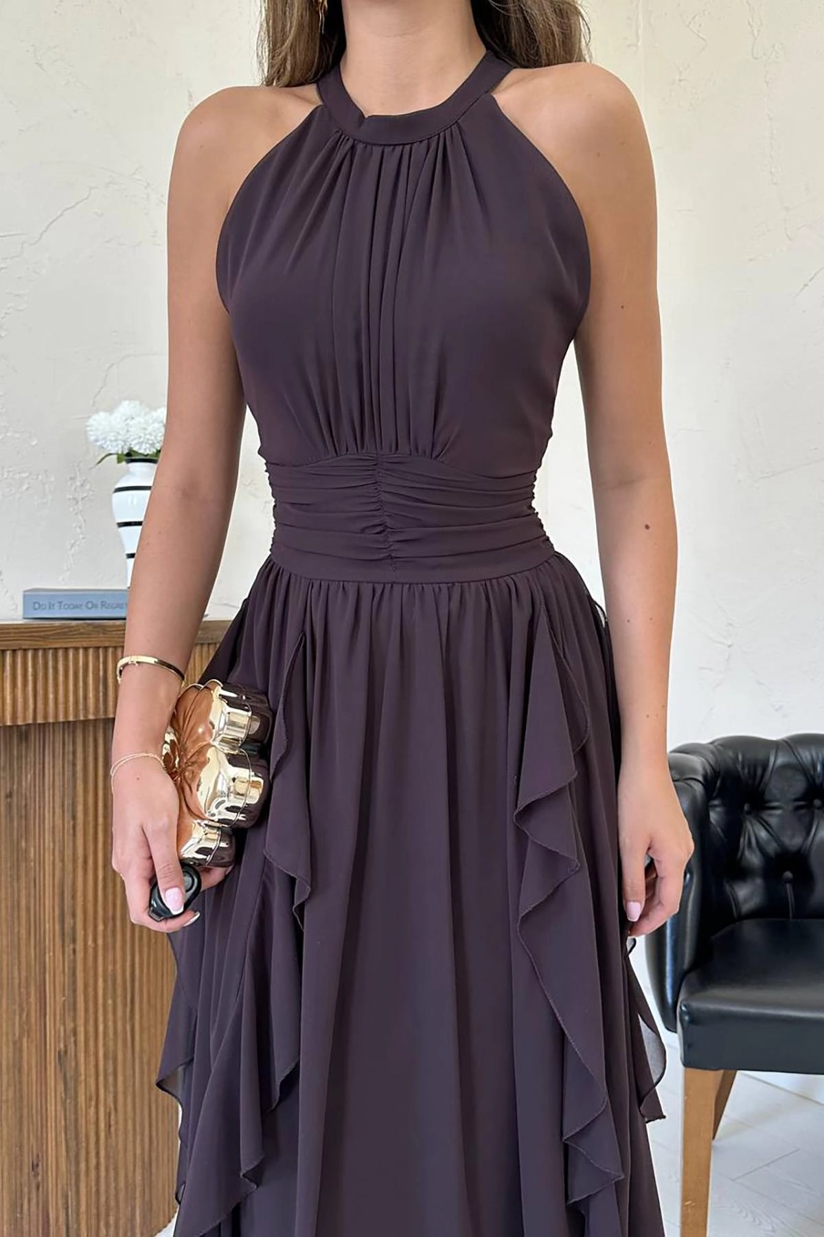 Brown Halter Midi Dress Ruffle Asymmetrical Wedding Guest Formal Party Cocktail Elegant Chiffon Dress