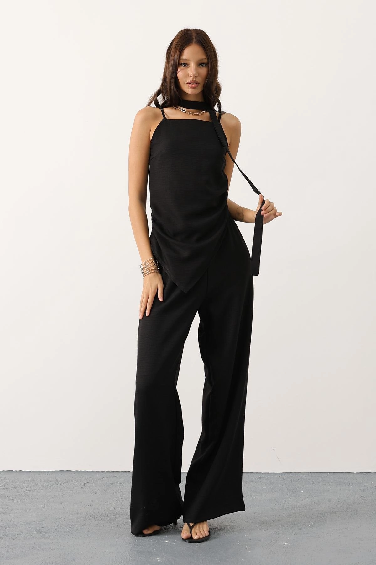 Black Halter Neck Jumpsuit Women Backless Wide Leg Pants Evening Formal Outfit