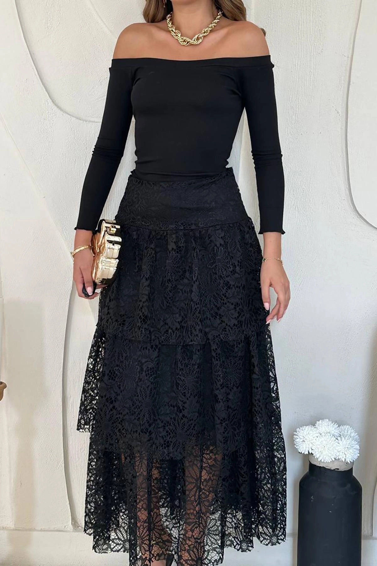 Black Lace Maxi Skirt - Boho Tiered Long Skirt - Gothic Romantic Elegant High Waisted Layered Lace Skirt - Women's Black Maxi
