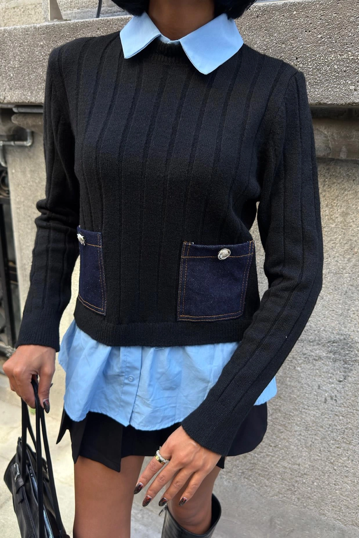 Black Layered-Collar Sweater with Denim Pockets — Cropped Ribbed Knit 2-in-1 Preppy Pullover - kart görseli