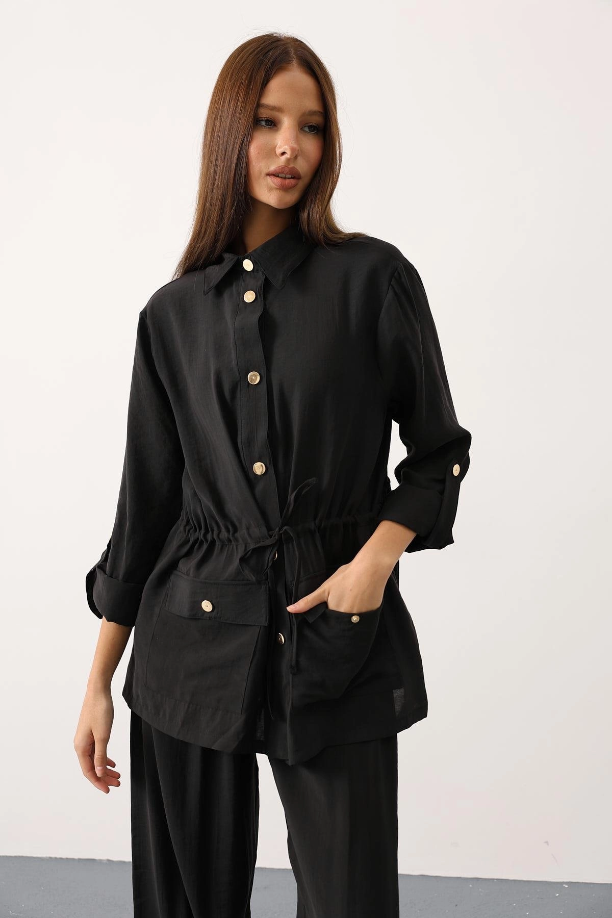 Black Linen Two-Piece Suit Set with Button Front Drawstring Jacket & Wide Leg Pants – Elegant, Relaxed Fit Women's Outfit