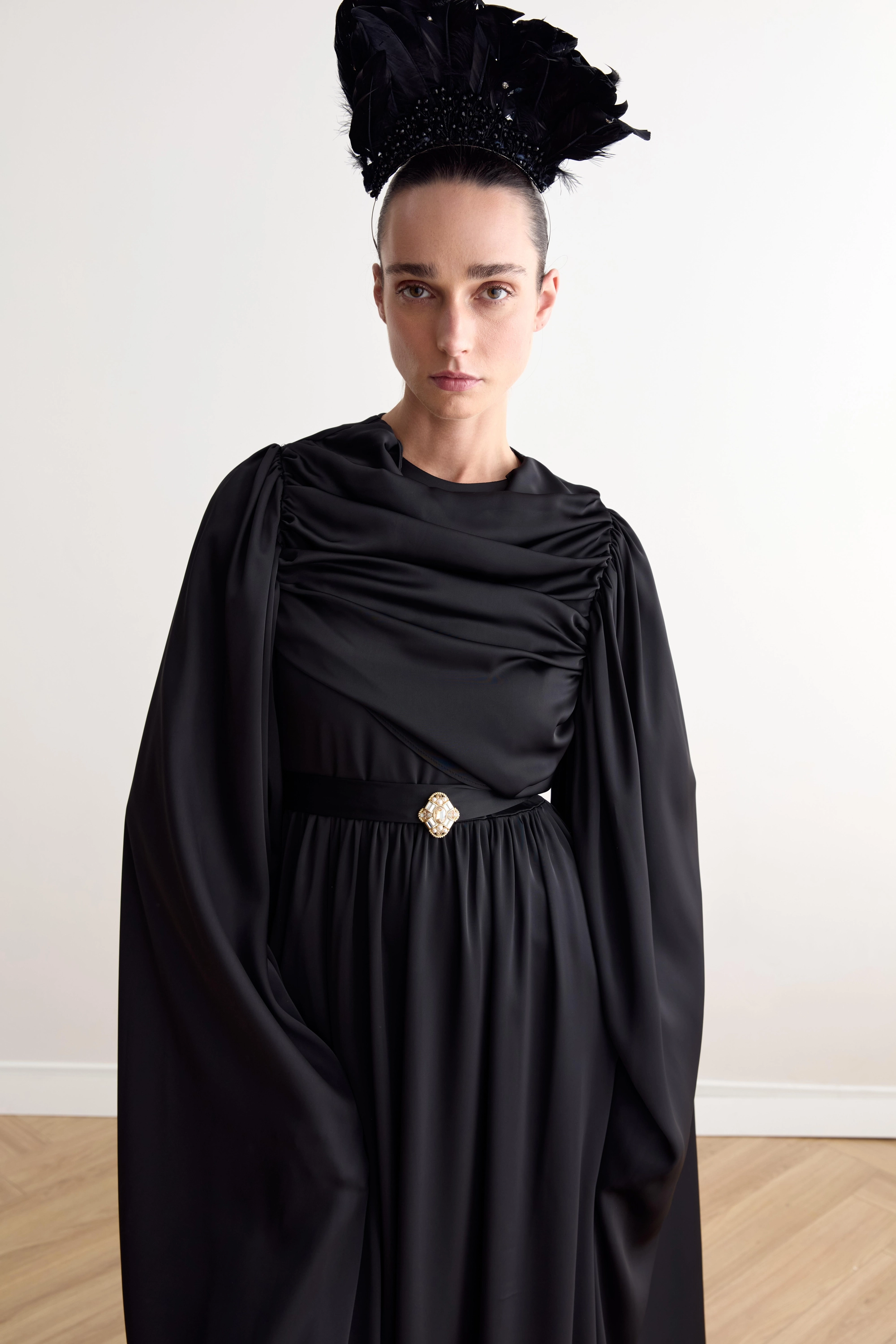 Black Long Sleeve Maxi Dress Formal Evening Gown Elegant Gothic Victorian Style Belted Floor Length