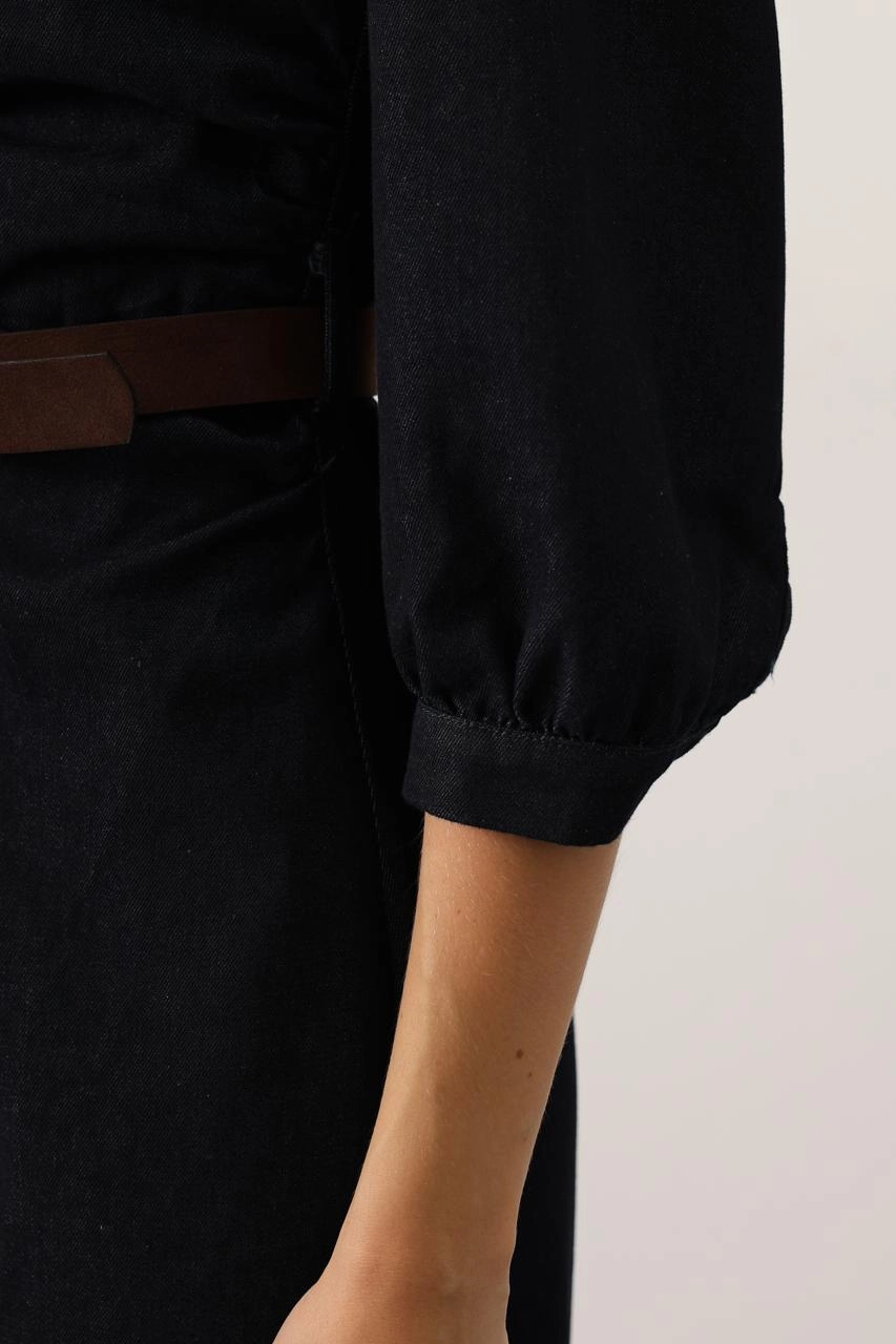 Black Midi Shirt Dress for Women, Button Front Long Sleeve Collar Dress,  Belted Work Office Dress, Versatile Casual to Formal - Irem Atelier