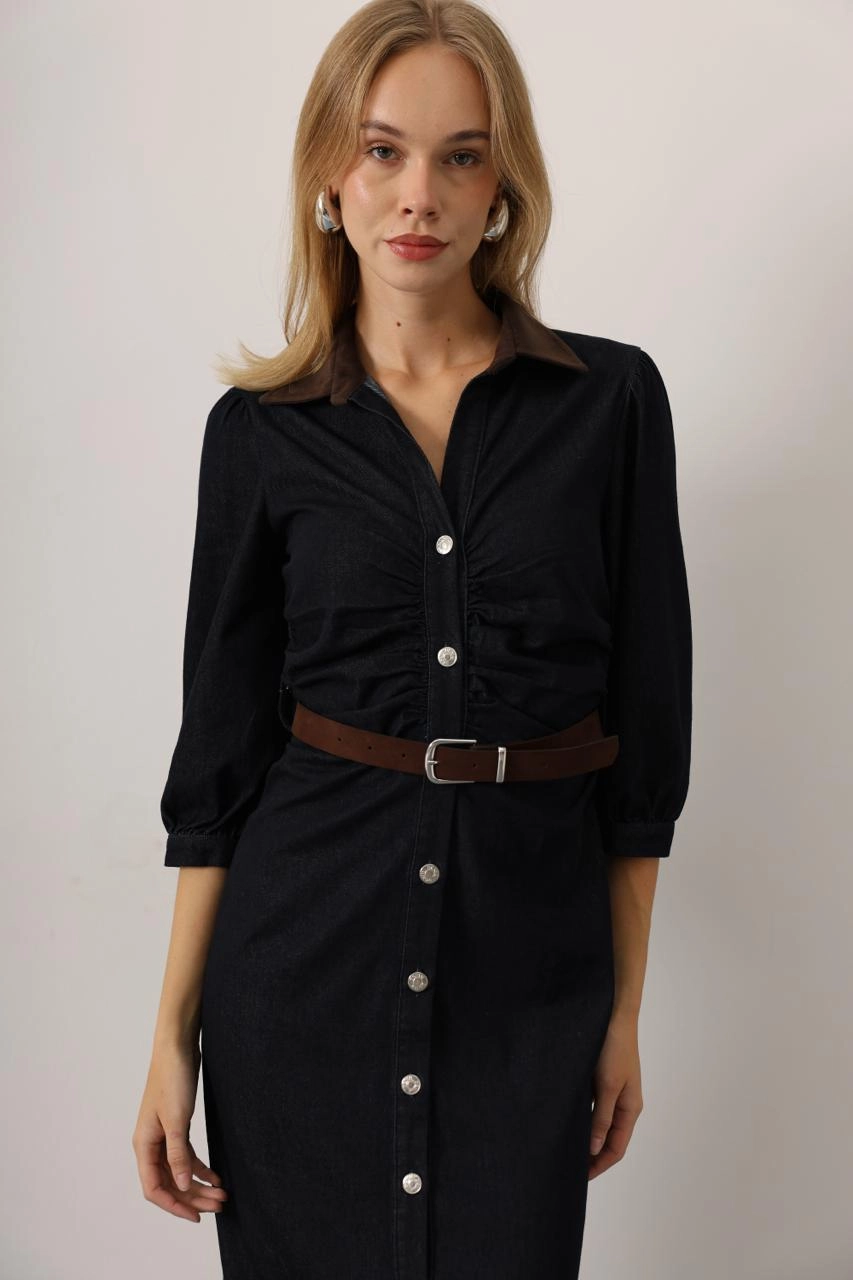Black Midi Shirt Dress for Women, Button Front Long Sleeve Collar Dress,  Belted Work Office Dress, Versatile Casual to Formal