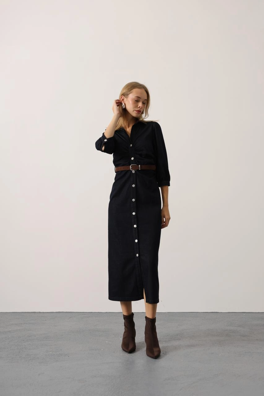 Black Midi Shirt Dress for Women, Button Front Long Sleeve Collar Dress, Belted Work Office Dress, Versatile Casual to Formal