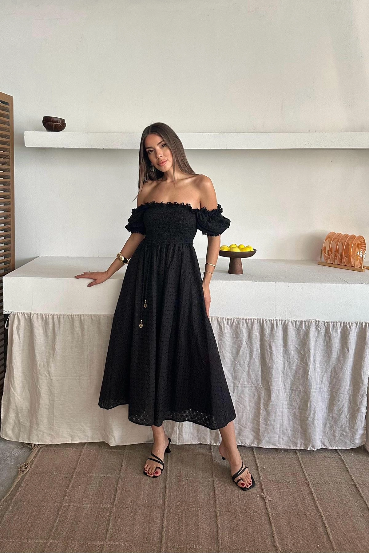 Black Off Shoulder Midi Dress Smocked Bodice Puff Sleeves Boho Peasant Dress Vintage Style Summer Dress