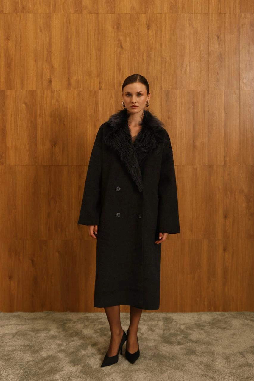 Black Oversized Wool Coat with Fur Collar | Midi Length Double Breasted Winter Coat | Luxury Statement Outerwear for Women
