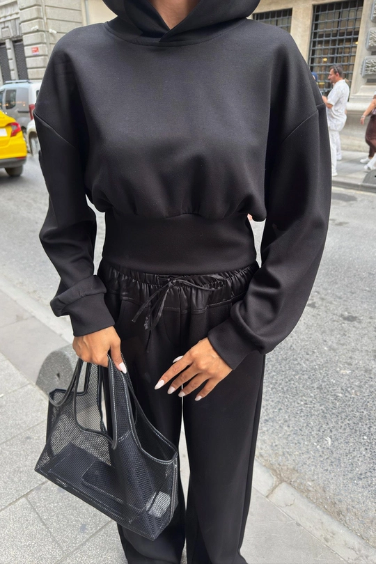 Black Satin Waistband Set – Oversized Hoodie & Wide Leg Pants Two Piece Co-Ord